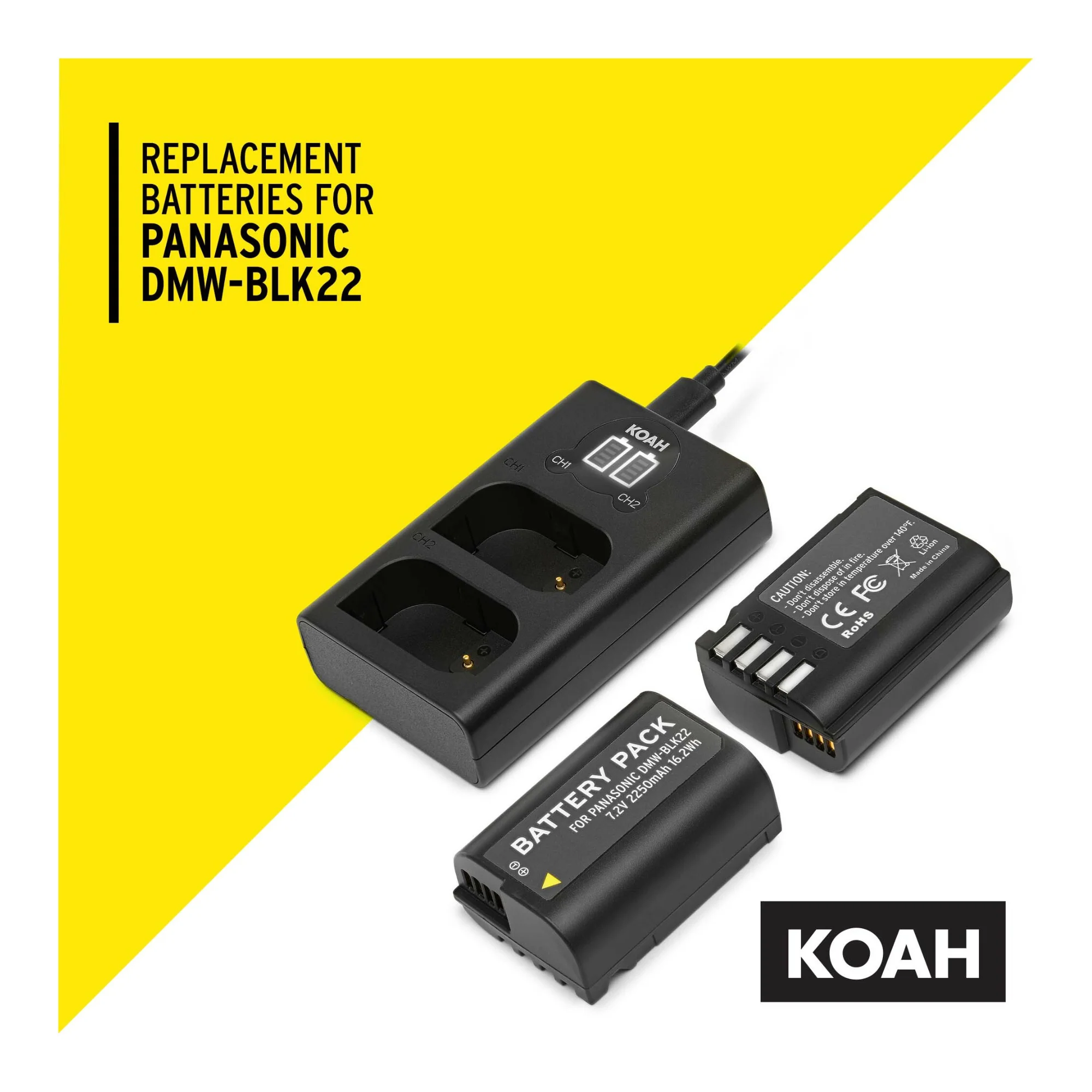 Koah 2-Pack Rechargeable 2250mAh Batteries and Dual USB-C LCD Charger for Panasonic DMW-BLK22 - Image 4