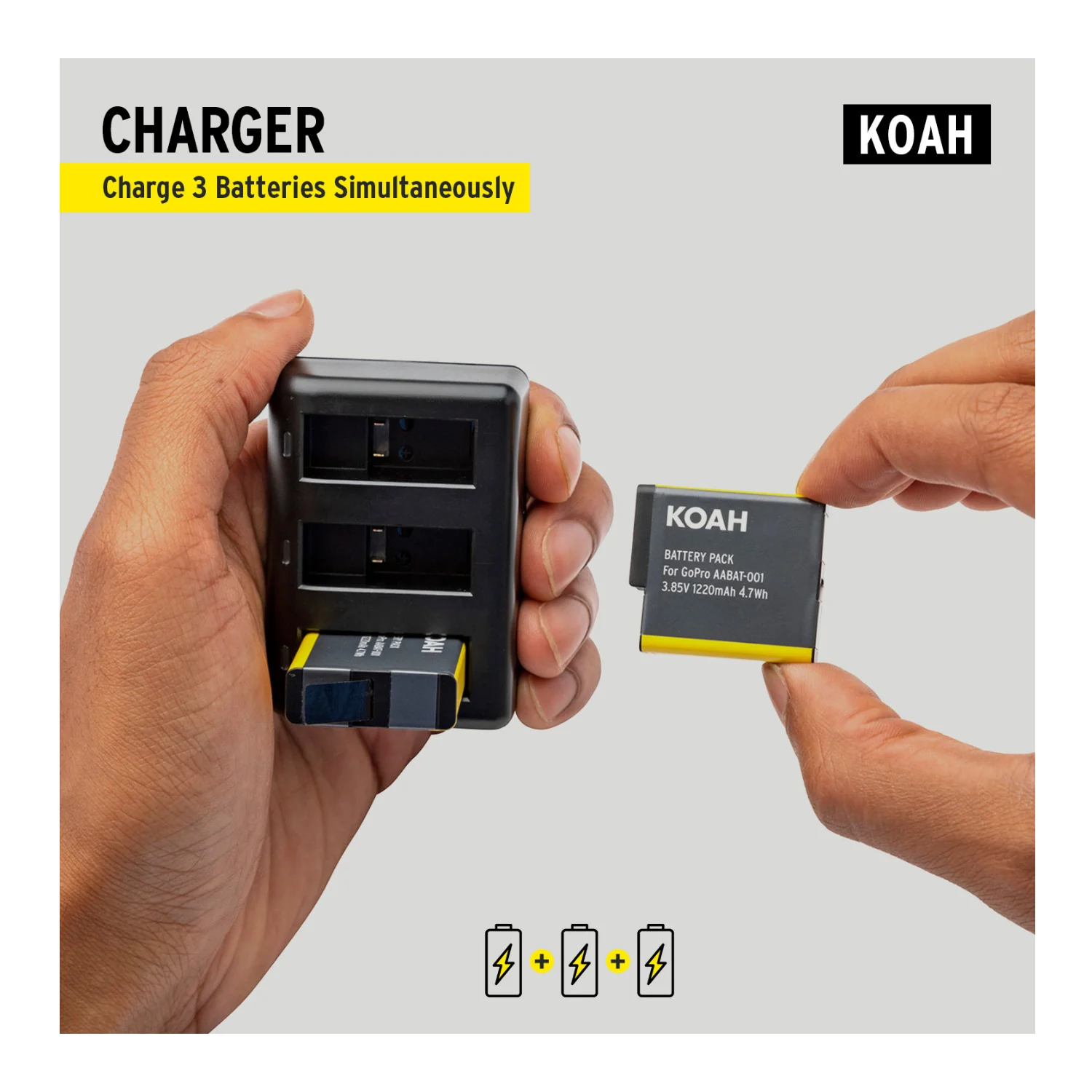 Koah Battery (2-Pack) and Triple USB Charger for GoPro HERO7 Black, HERO6 Black, HERO5 Black - Image 2
