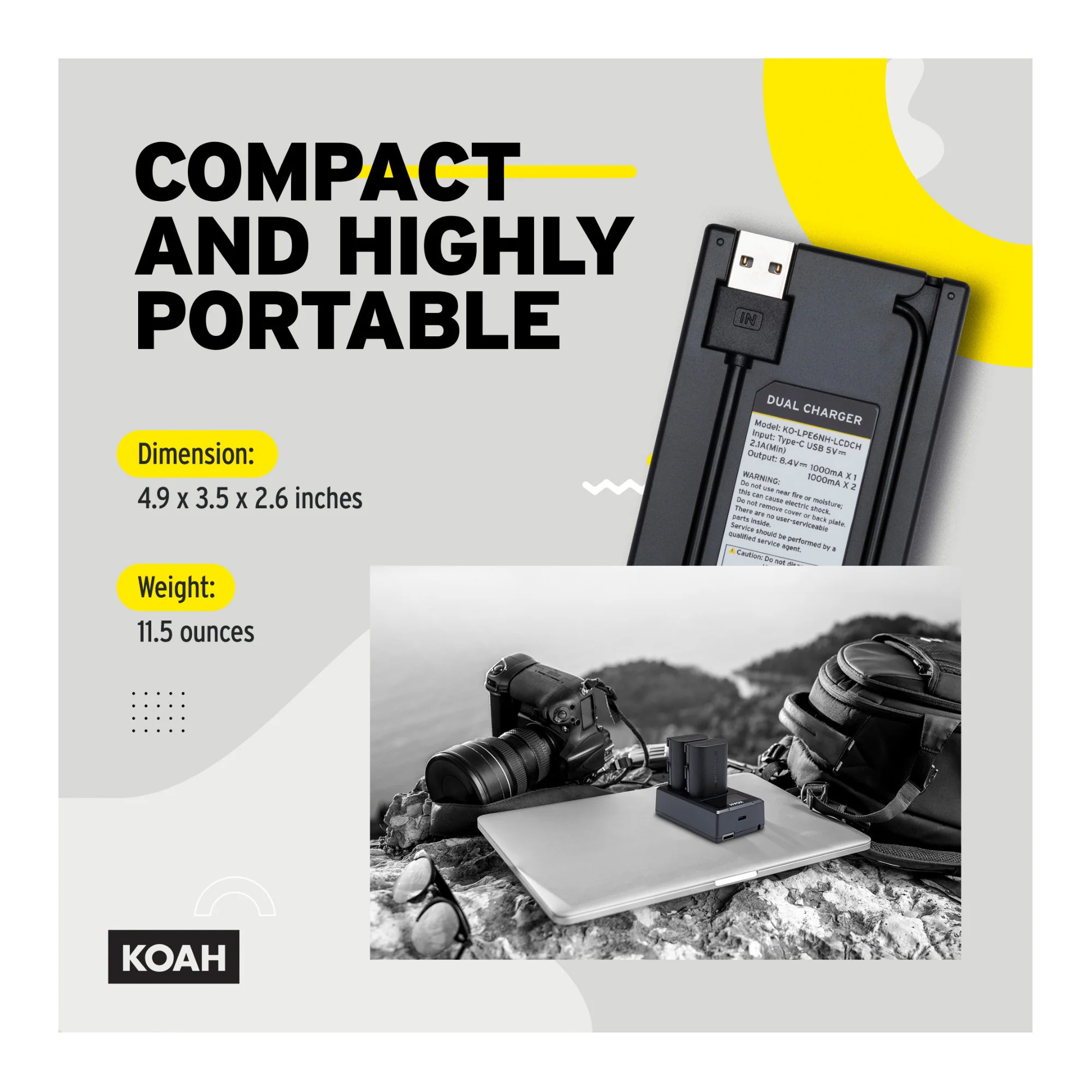 Koah Rechargeable 2250mAh Replacement Batteries for Canon LP-E6NH (2-Pack) and Dual LCD Charger - Image 4