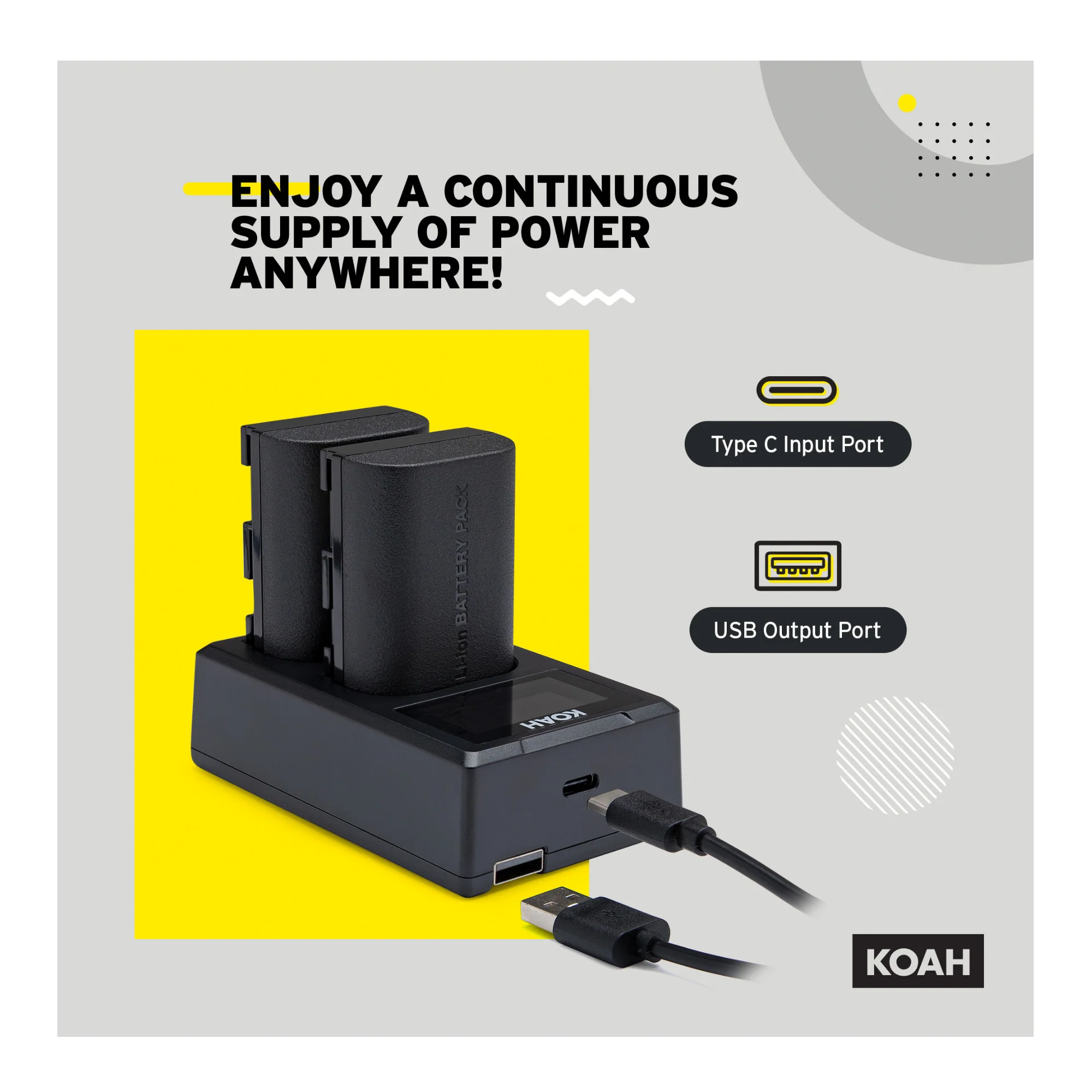 Koah Rechargeable 2250mAh Replacement Batteries for Canon LP-E6NH (2-Pack) and Dual LCD Charger - Image 5