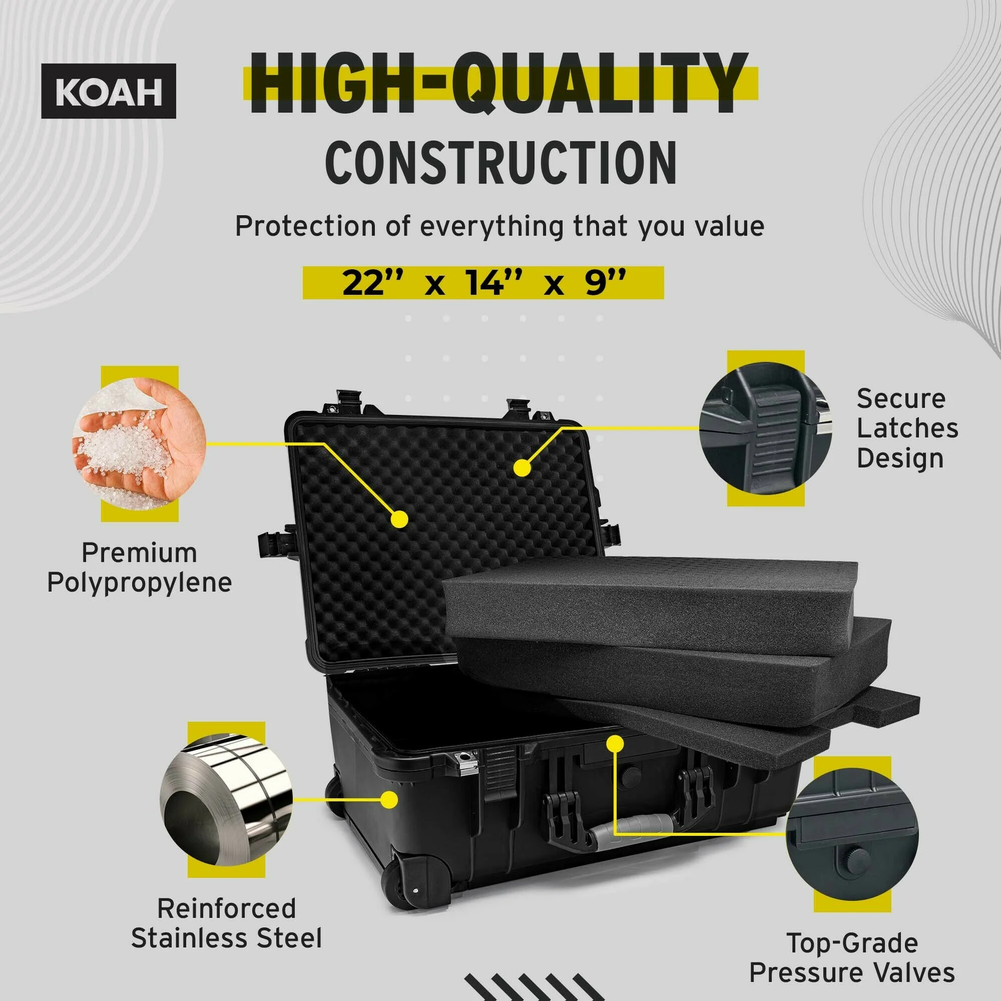 Koah Weatherproof Wheeled Hard Case with Customizable Foam (22 x 14 x 9 Inch) - Image 2