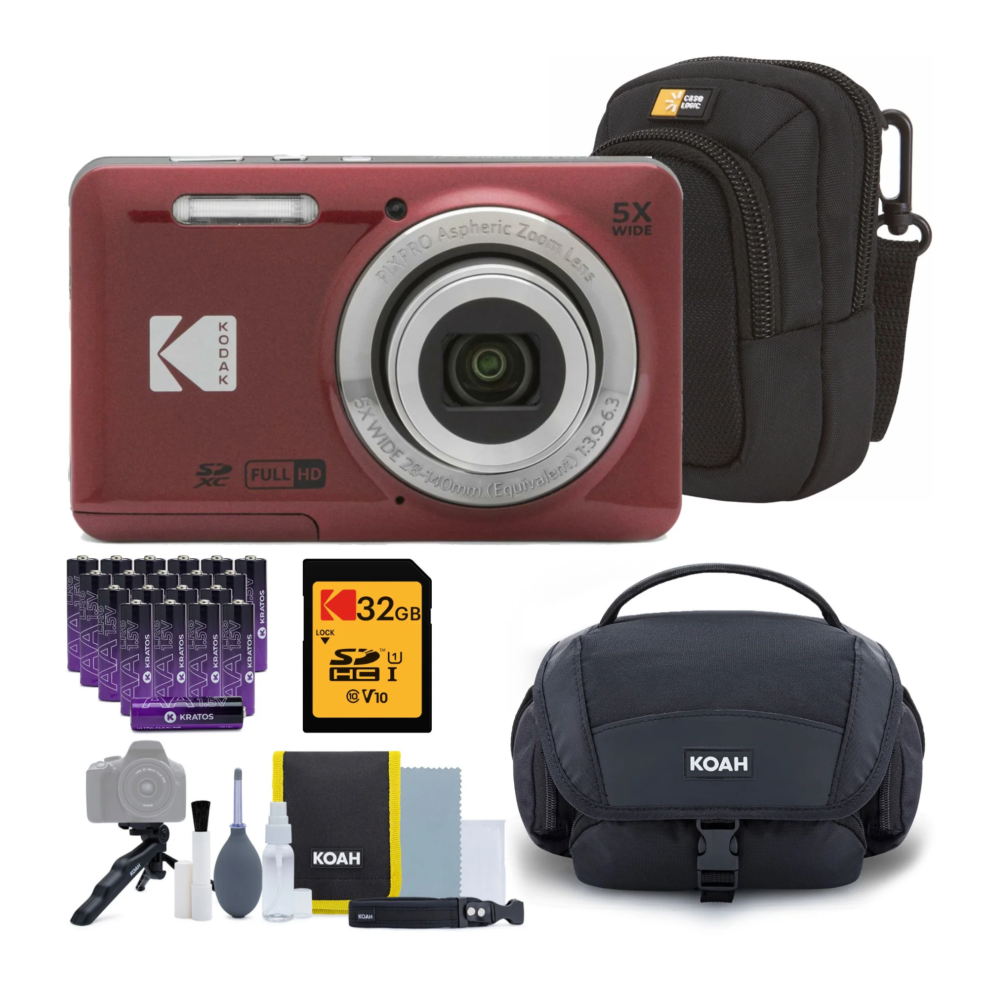 Kodak Pixpro FZ55 Zoom Digital Camera (Red) With 32GB SD Card, Accessory Kit, and AA Batteries