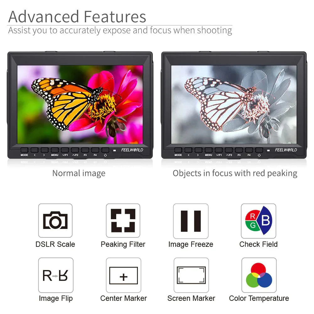 FeelWorld FW759 7" IPS On-Camera Monitor Monitor with Cleaning Kit, and HDMI Cable - Image 3
