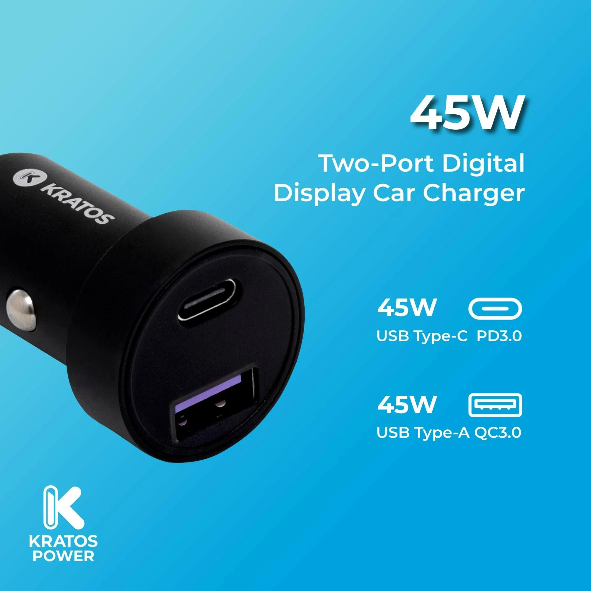 Kratos Power 45W 2-Port Digital Display USB-A 45W QC3.0 and Type-C 45W PD3.0 Car Charger - Image 2