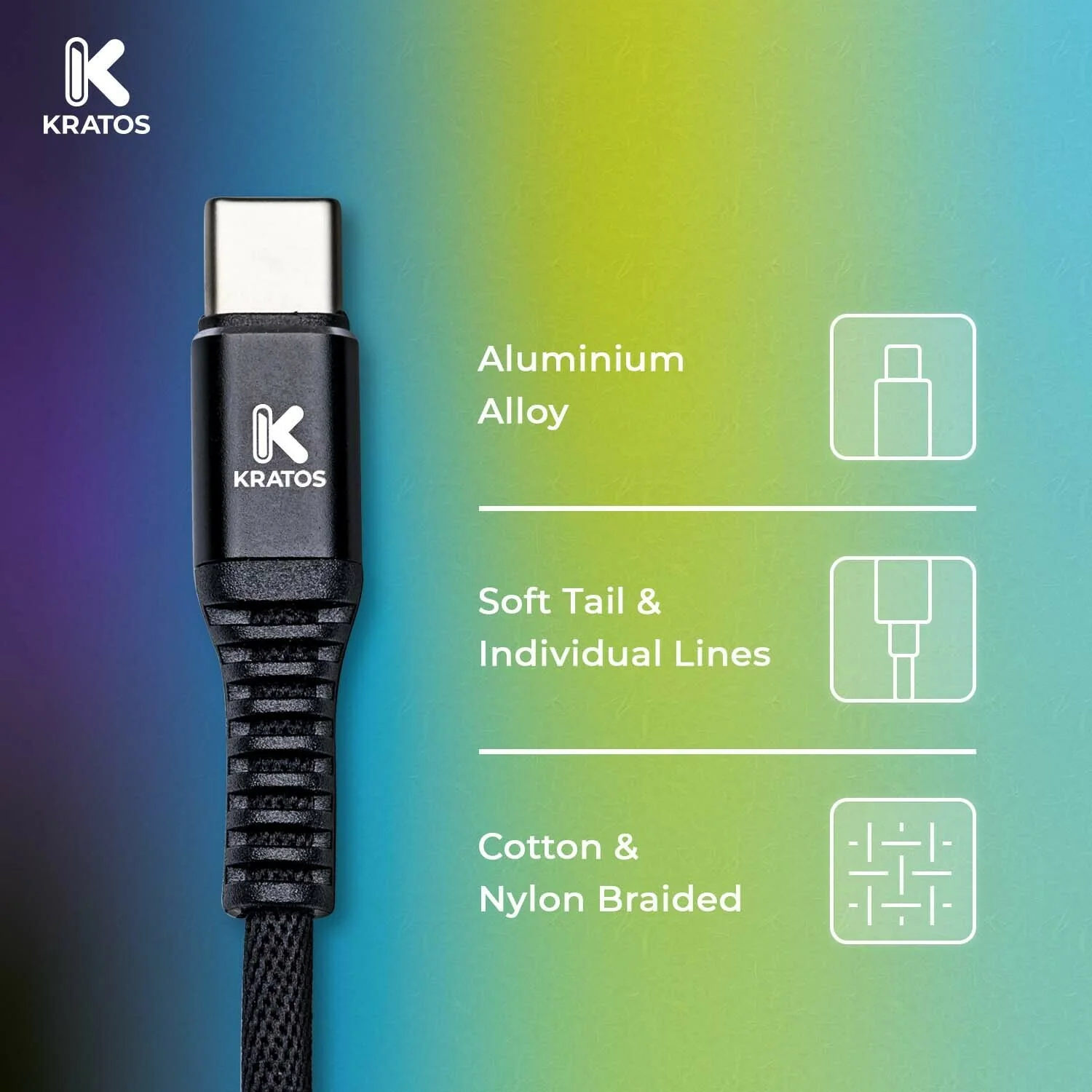 Kratos Power 6-Feet Long Tail Braided Aluminum Alloy USB-C to USB-A Cable (Black) - Image 2