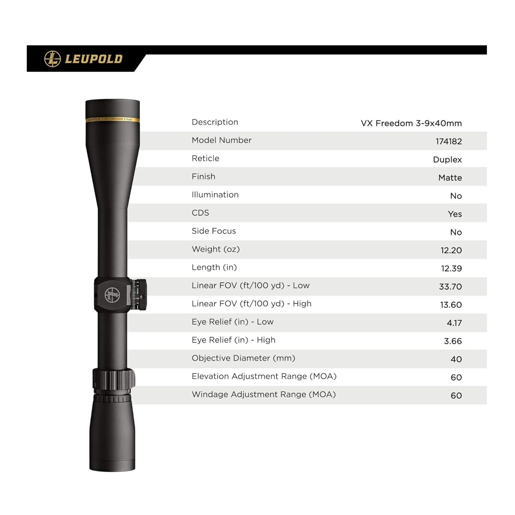 Leupold VX-Freedom 3-9x40mm Riflescope with Duplex CDS Reticle (Matte Black) - Image 5