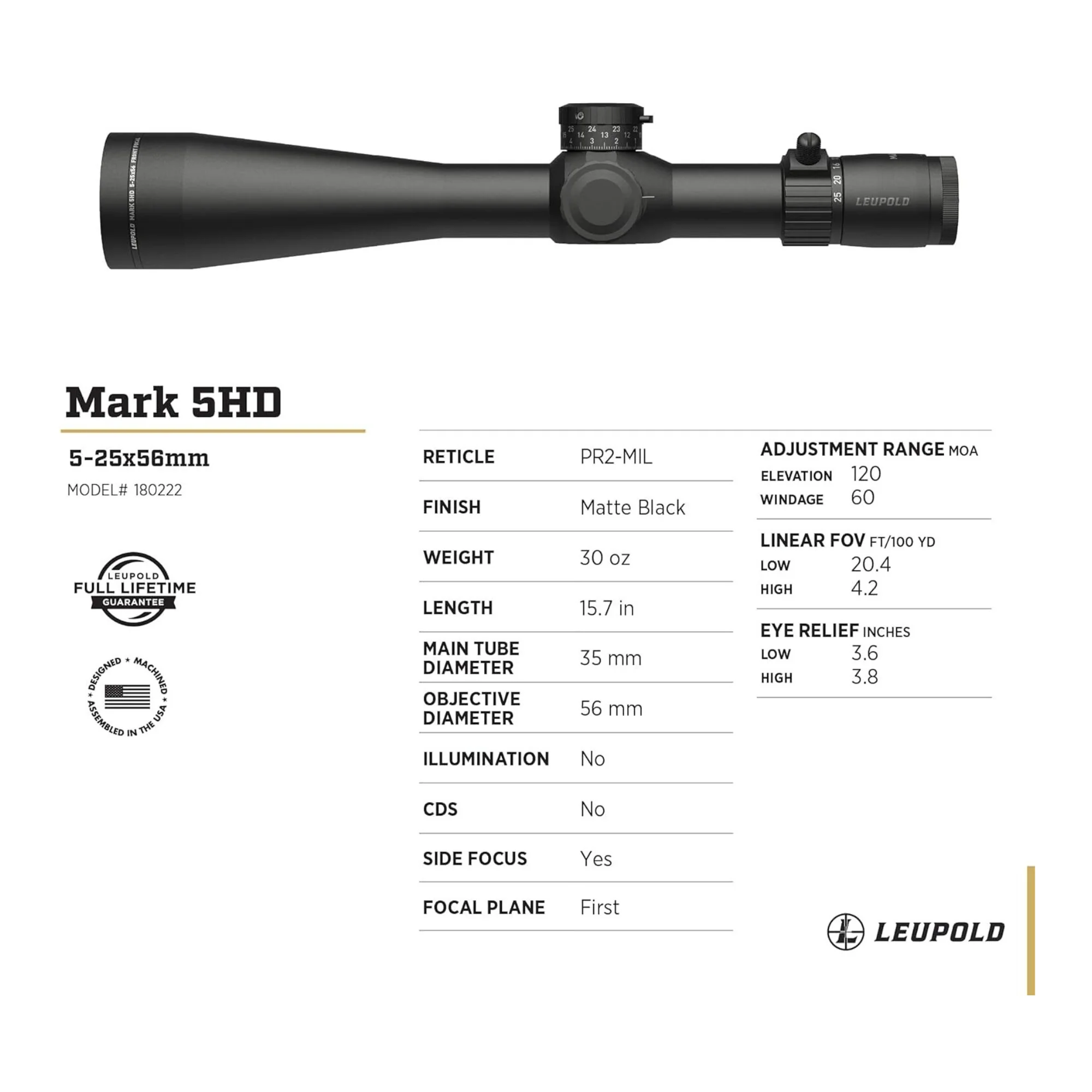 Leupold Mark 5HD 5-25x56mm Side Focus Riflescope (Matte Black) - Image 5