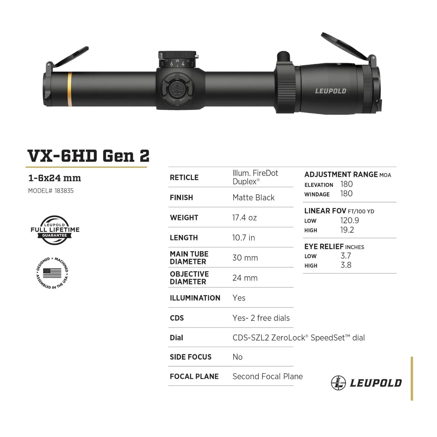 Leupold VX-6HD Gen 2 1-6x24 (30mm) CDS-SZL2 Illuminated FireDot Duplex - Image 4