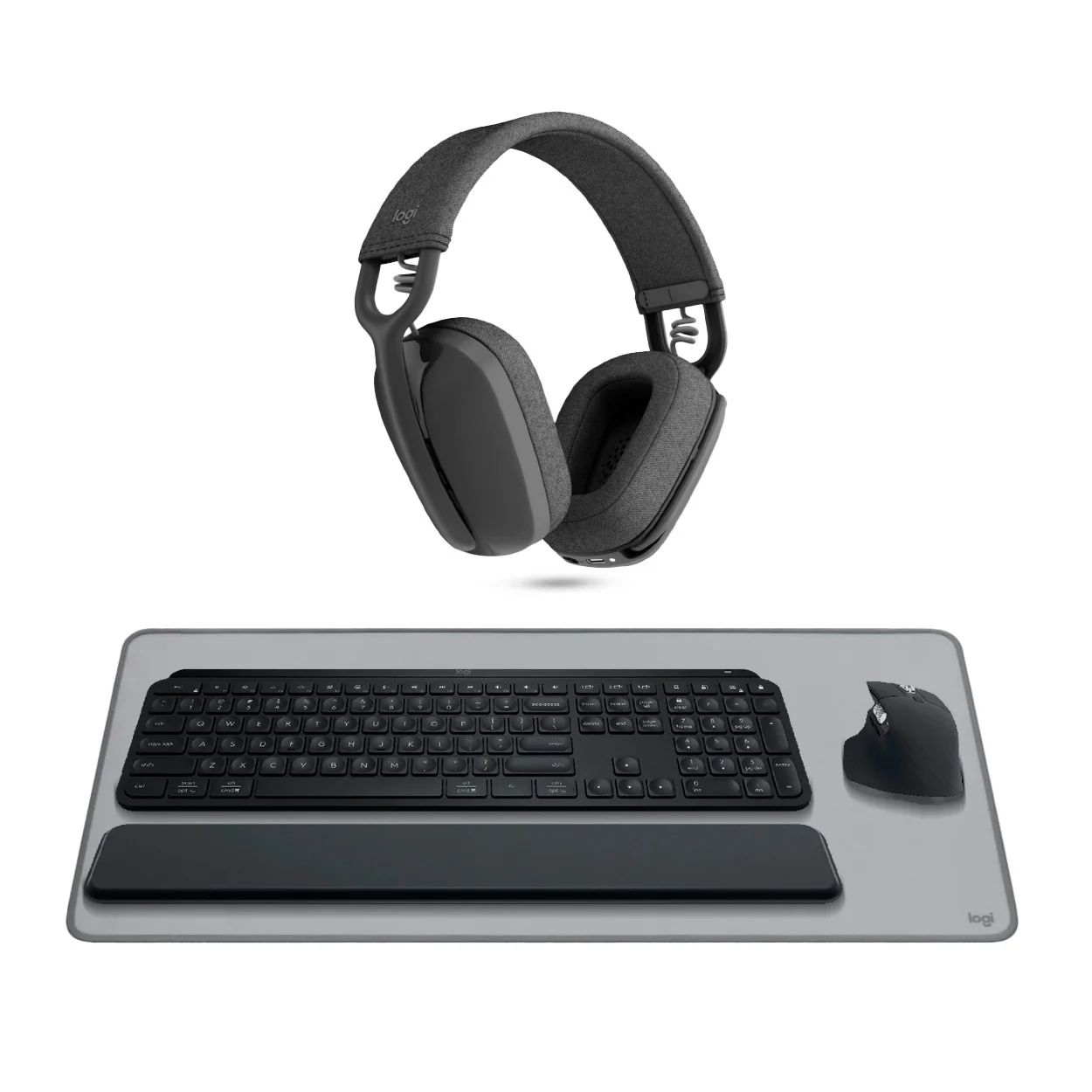 Logitech MX Keys S Keyboard and MX Master 3S Mouse Combo (Graphite) with Headphones, and Desk Mat