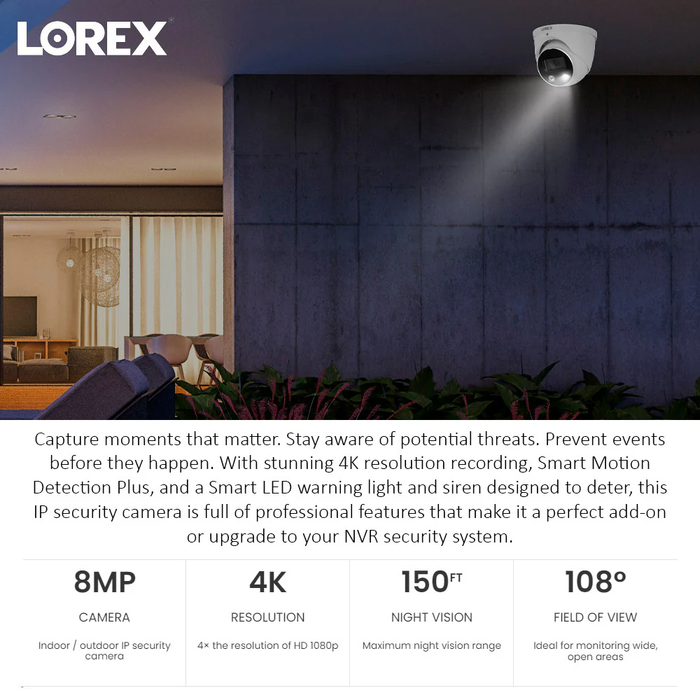 Lorex 4K Ultra HD Smart Deterrence IP 8MP Remote Access Dome Camera (2-Pack) Bundle - Image 4