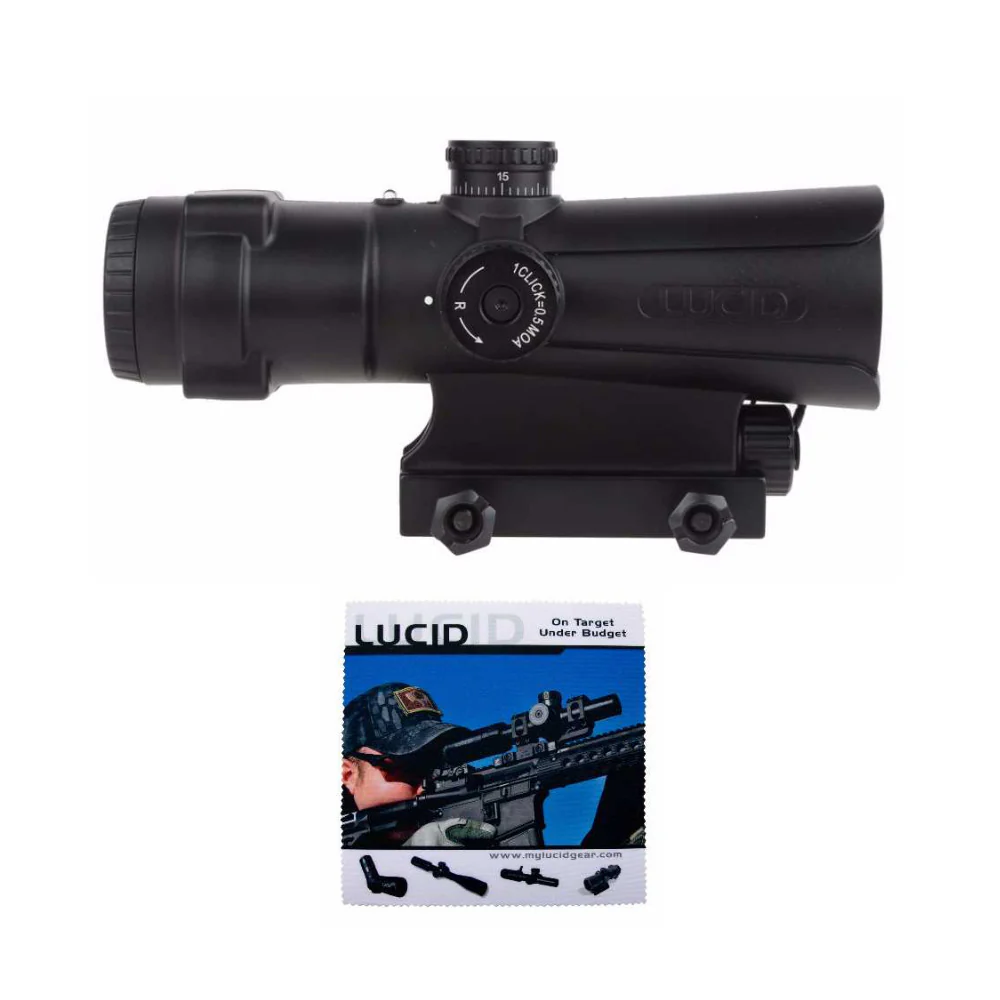 Lucid Optics 4x Prismatic Weapons Optic Dual Illumination Red/Blue and P7 Reticle Bundle with Cloth