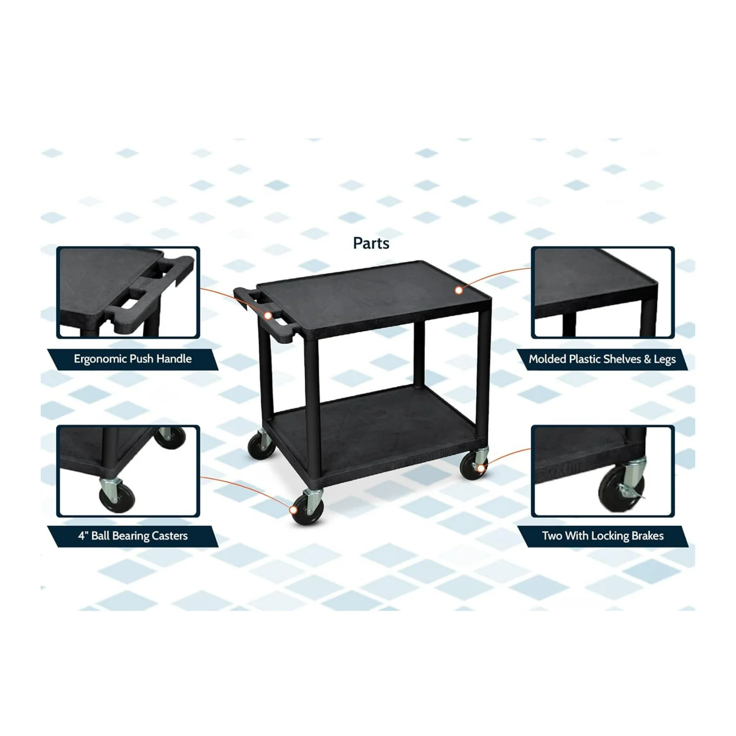 Luxor 26-Inch 2-Shelf Multipurpose AV Cart with Push Handle and 4-Inch Ball Bearing Casters (Black) - Image 2