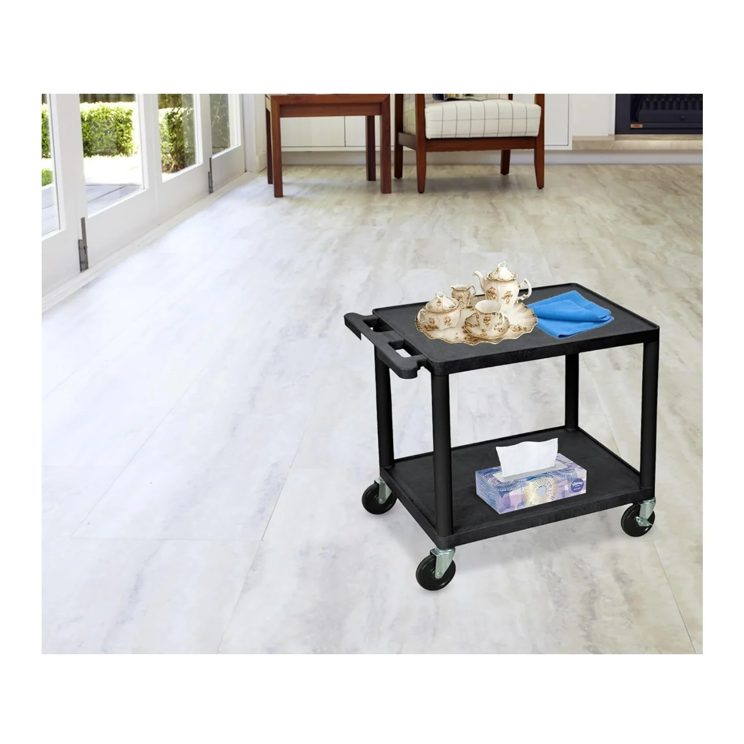 Luxor 26-Inch 2-Shelf Multipurpose AV Cart with Push Handle and 4-Inch Ball Bearing Casters (Black) - Image 4