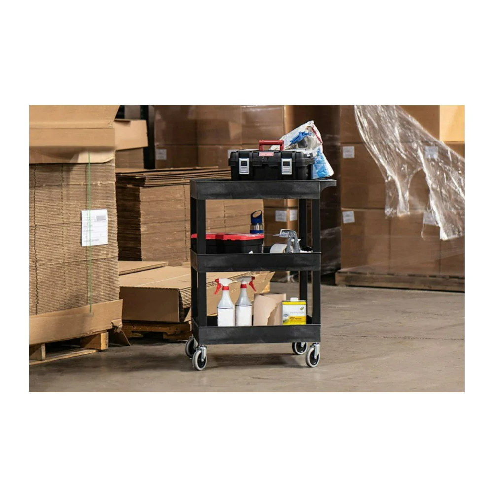 Luxor SEC111-B 24 x 18 Inch Plastic Utility Tub Cart with Three Shelves and Ergonomic Handle (Black) - Image 7