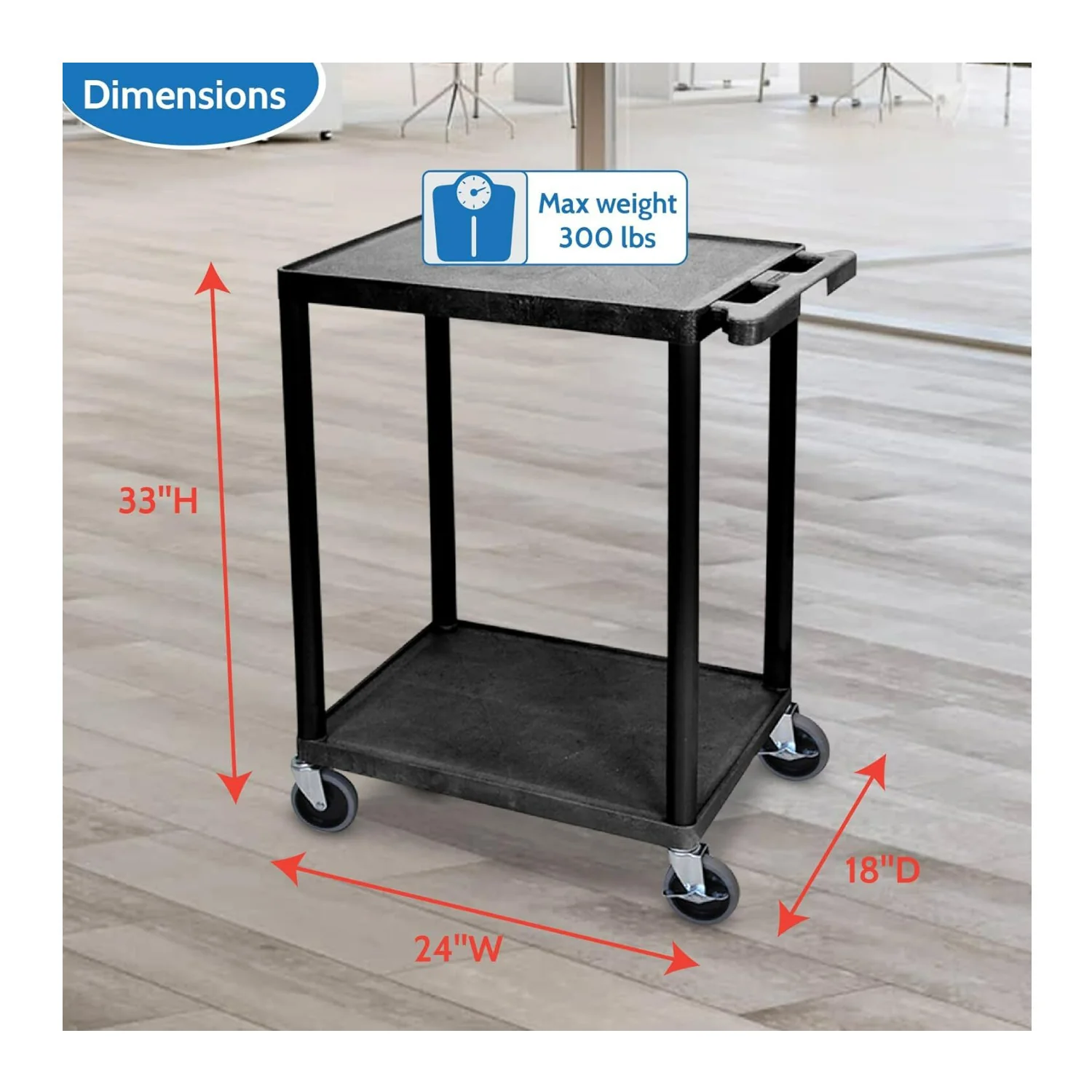 Luxor STC22-B Multipurpose Utility Cart with 2 Shelves and Thermoplastic Resin Body (Black) - Image 2