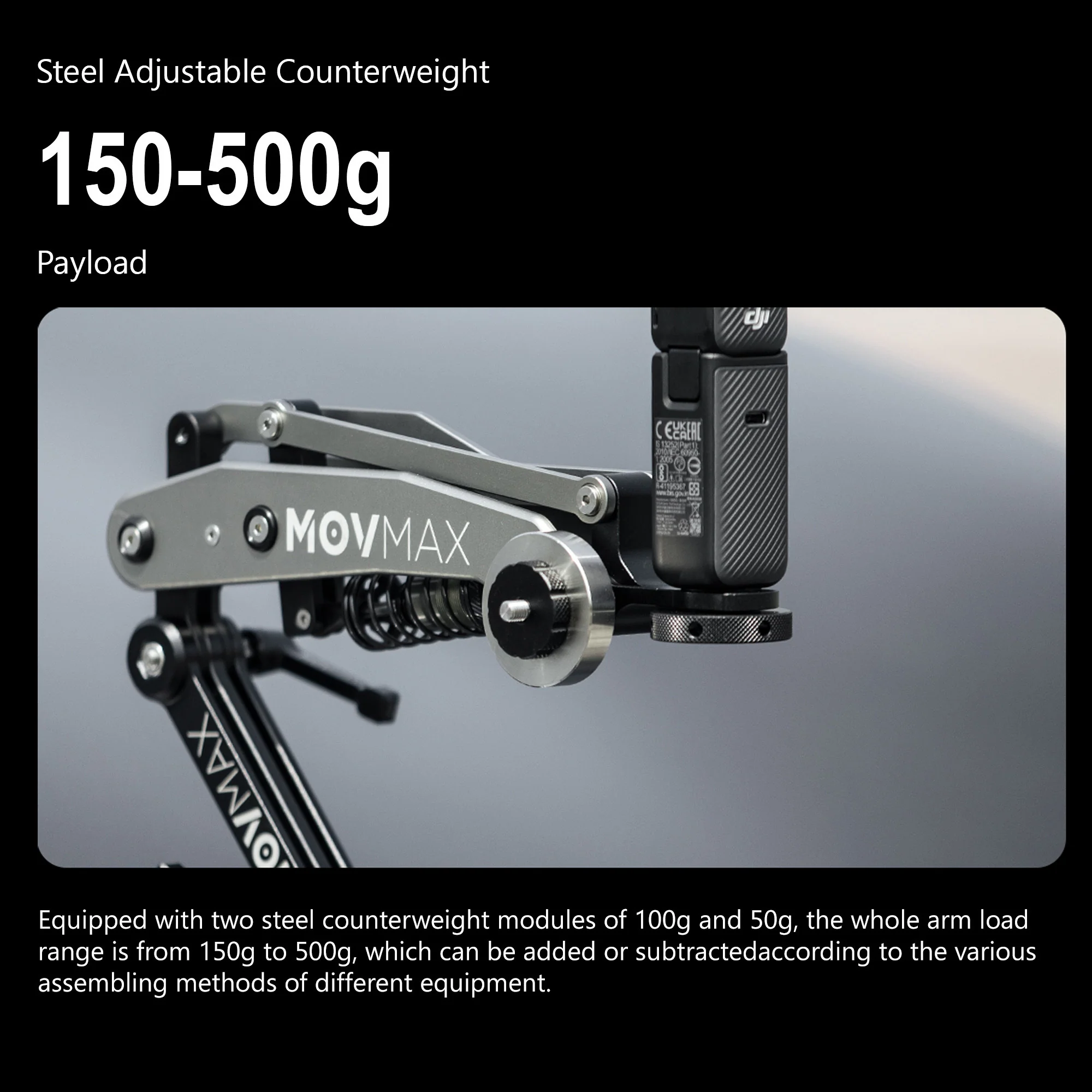 Movmax Blade Arm for DJI Pocket 3 with N2 Arm Technology with Movmax Hoop Connector (Gray) Bundle - Image 3