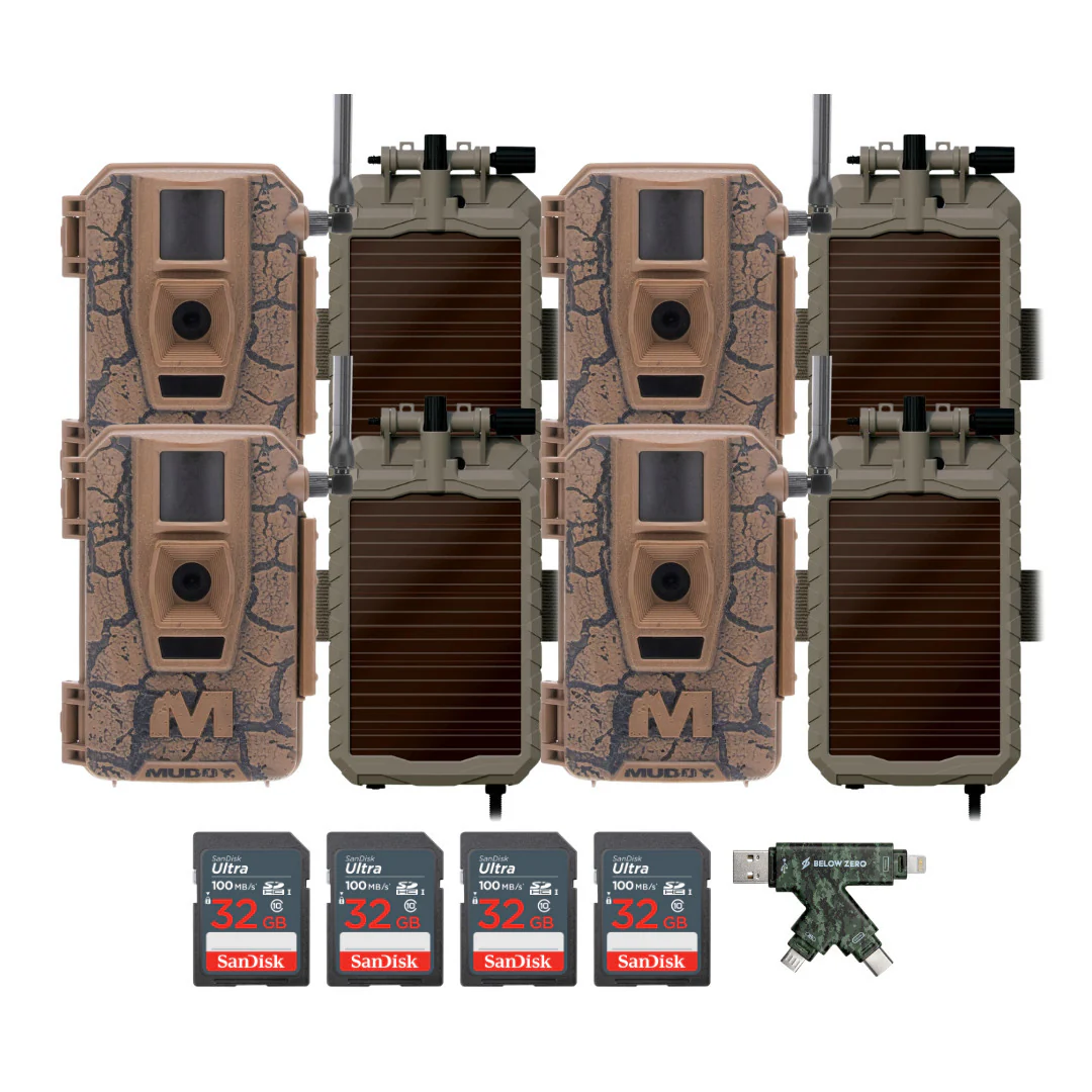 Muddy Mitigator Cellular 24MP Imaging Trail Camera (4-Pack) with 4x Lithium-Ion Solar Battery Bundle