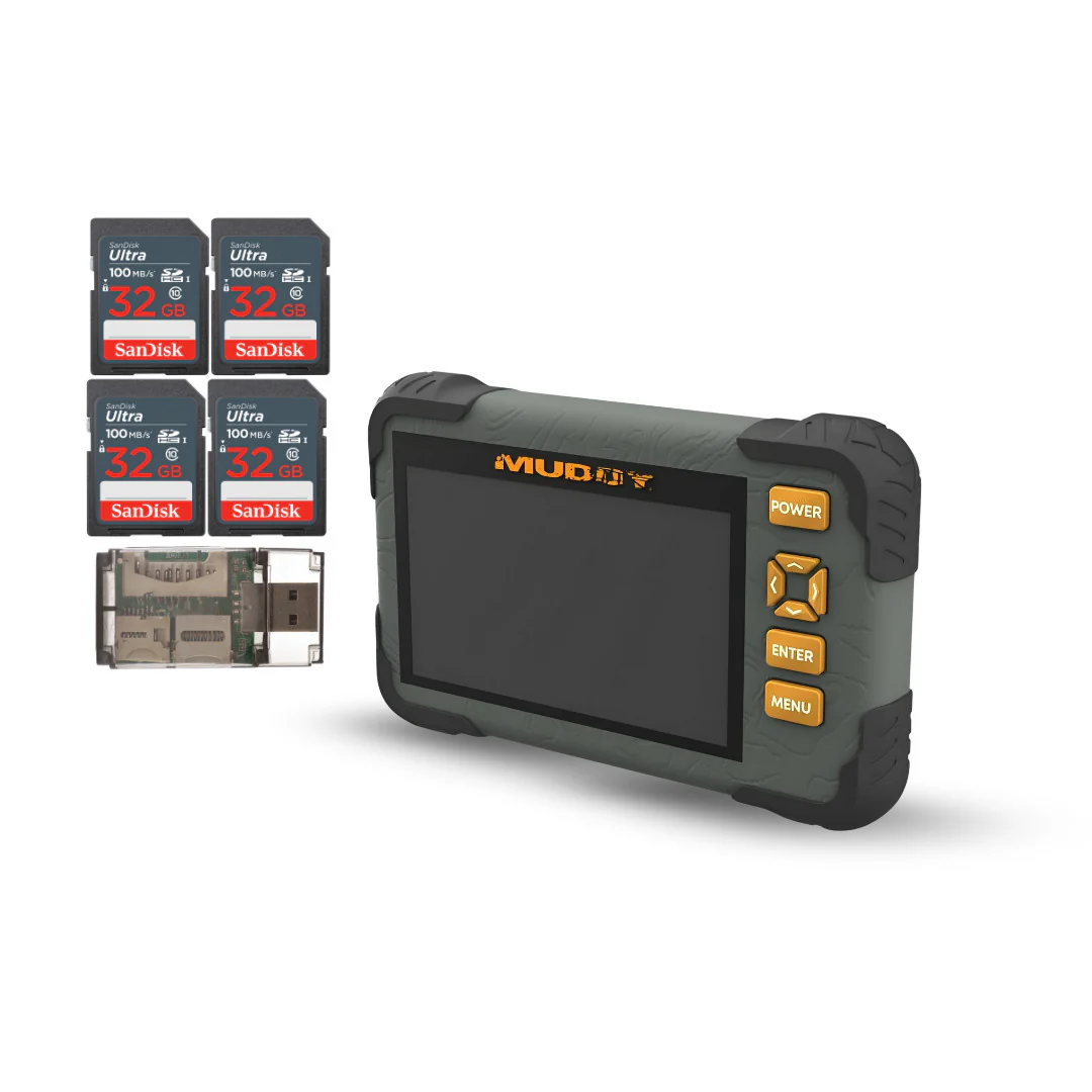 Muddy SD Card Reader or Viewer with 4.3 Inch LCD Screen with 32GB UHS-I Memory Card (4-Pack) Bundle