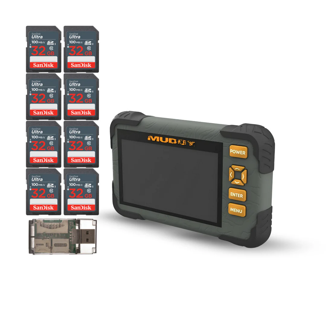 Muddy SD Card Reader or Viewer with 4.3 Inch LCD Screen with 32GB UHS-I Memory Card (8-Pack) Bundle