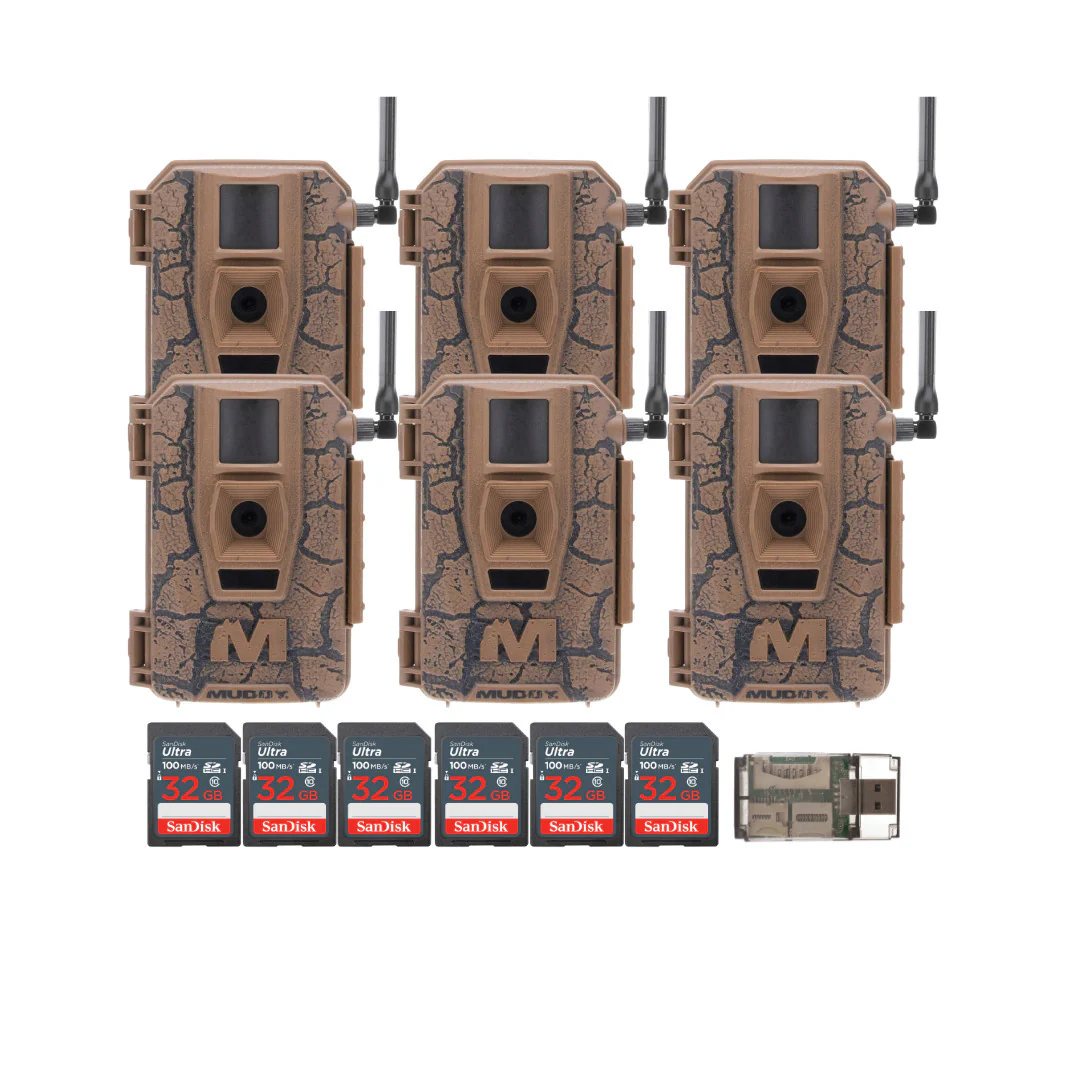 Muddy Mitigator Cellular 24MP Trail Camera with 80 Feet Detection and Flash Range (6-Pack) Bundle