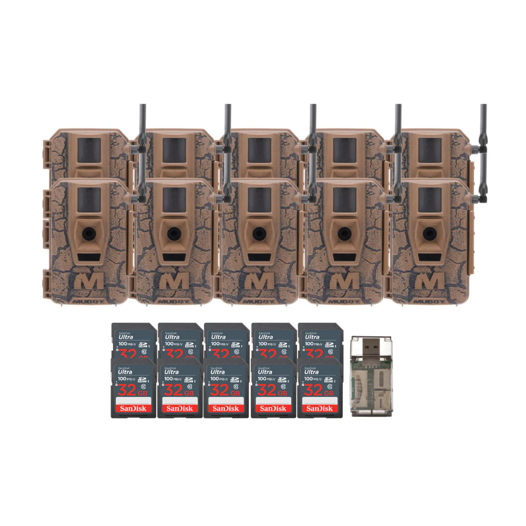 Muddy Mitigator Cellular 24MP Trail Camera with 80 Feet Detection and Flash Range (10-Pack) Bundle