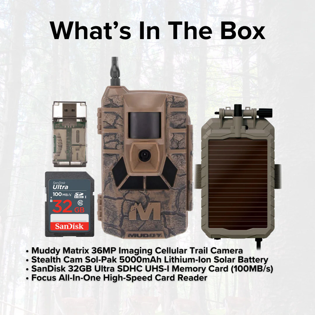Muddy Matrix 36MP Imaging Cellular Trail Camera with Solar Battery and Memory Card Bundle - Image 6
