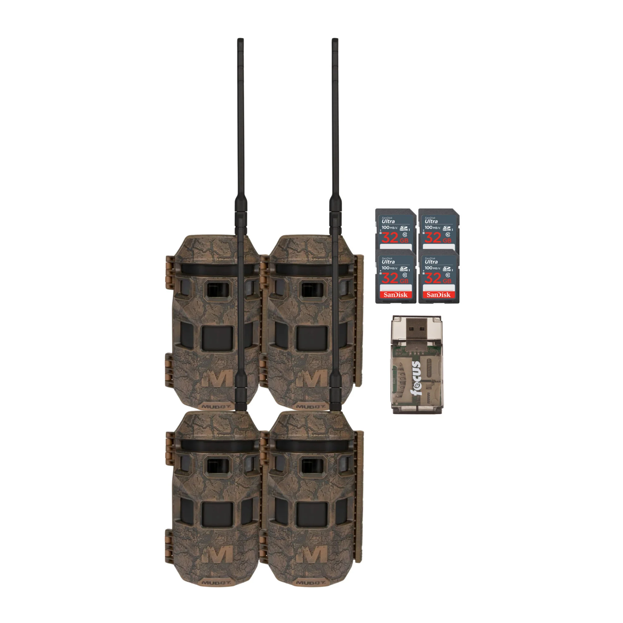 Muddy Trifecta 180 Cellular Trail Camera (Brown, 4-pack) with 4 x 32GB Memory Card and Card Reader