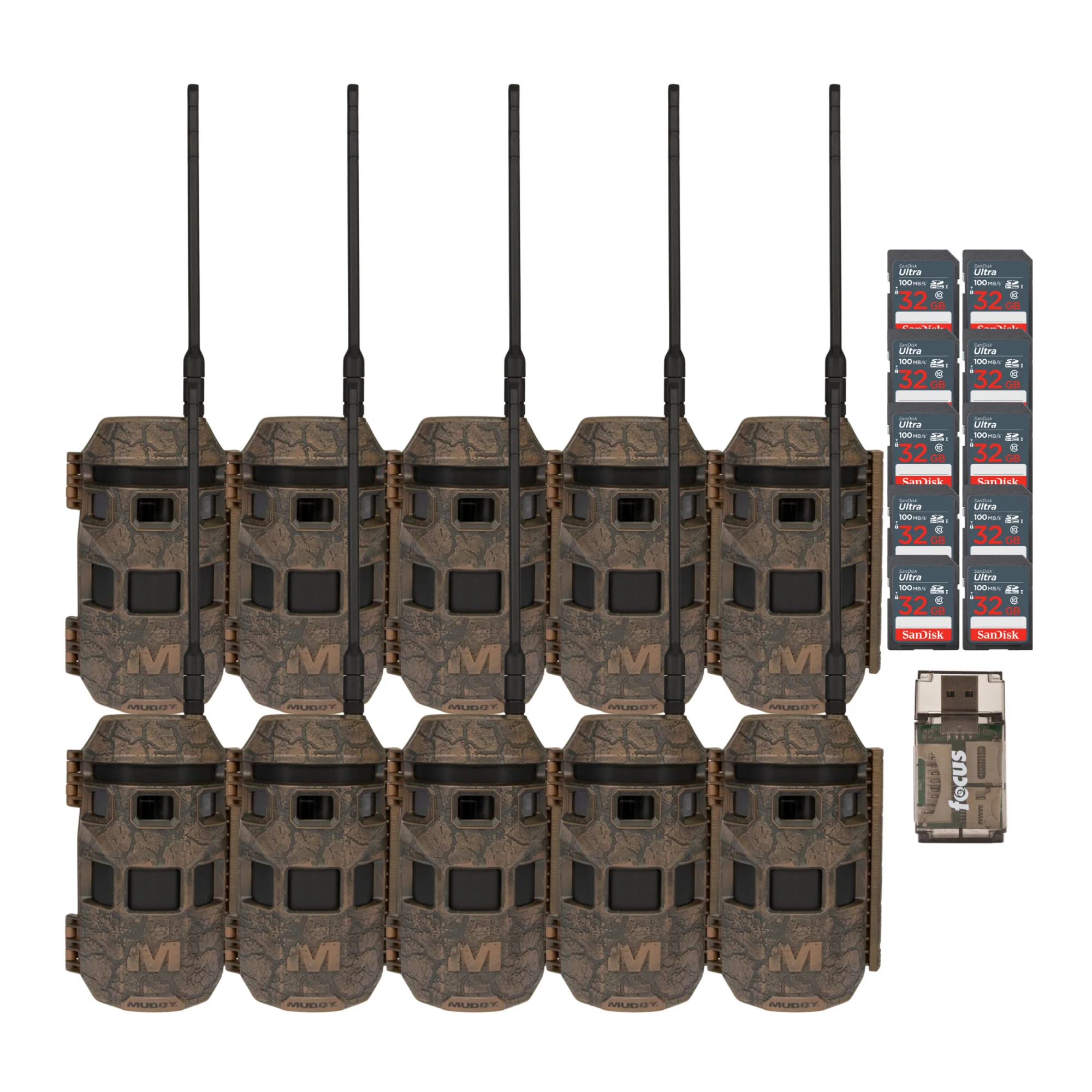 Muddy Trifecta 180 Cellular Trail Camera (Brown, 10-pack) with 10 x 32GB Memory Card and Card Reader