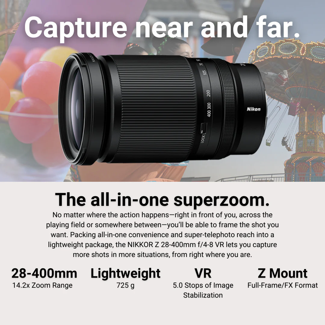 Nikon Z 28-400mm F4-8 VR Full-Frame Z-Mount Lens with 77mm 3-Piece UV, CPL, FLD Filter Kit Bundle - Image 2