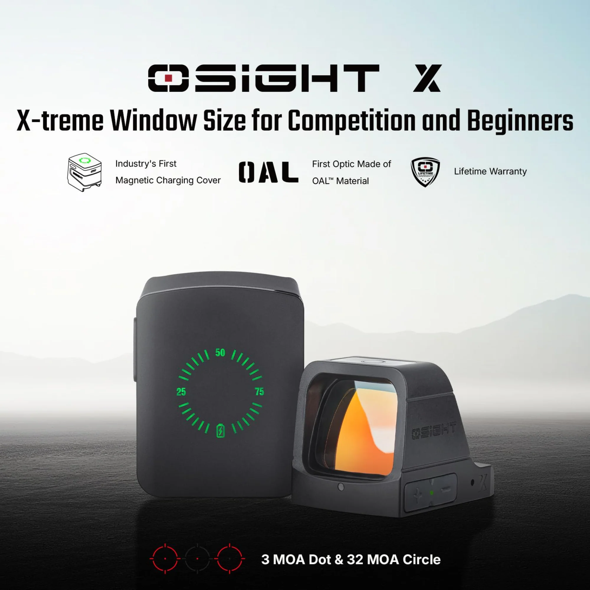 Osight X 3 MOA Dot and 32 MOA Circle Multi-Reticle Sight with Charging Cover - Image 3