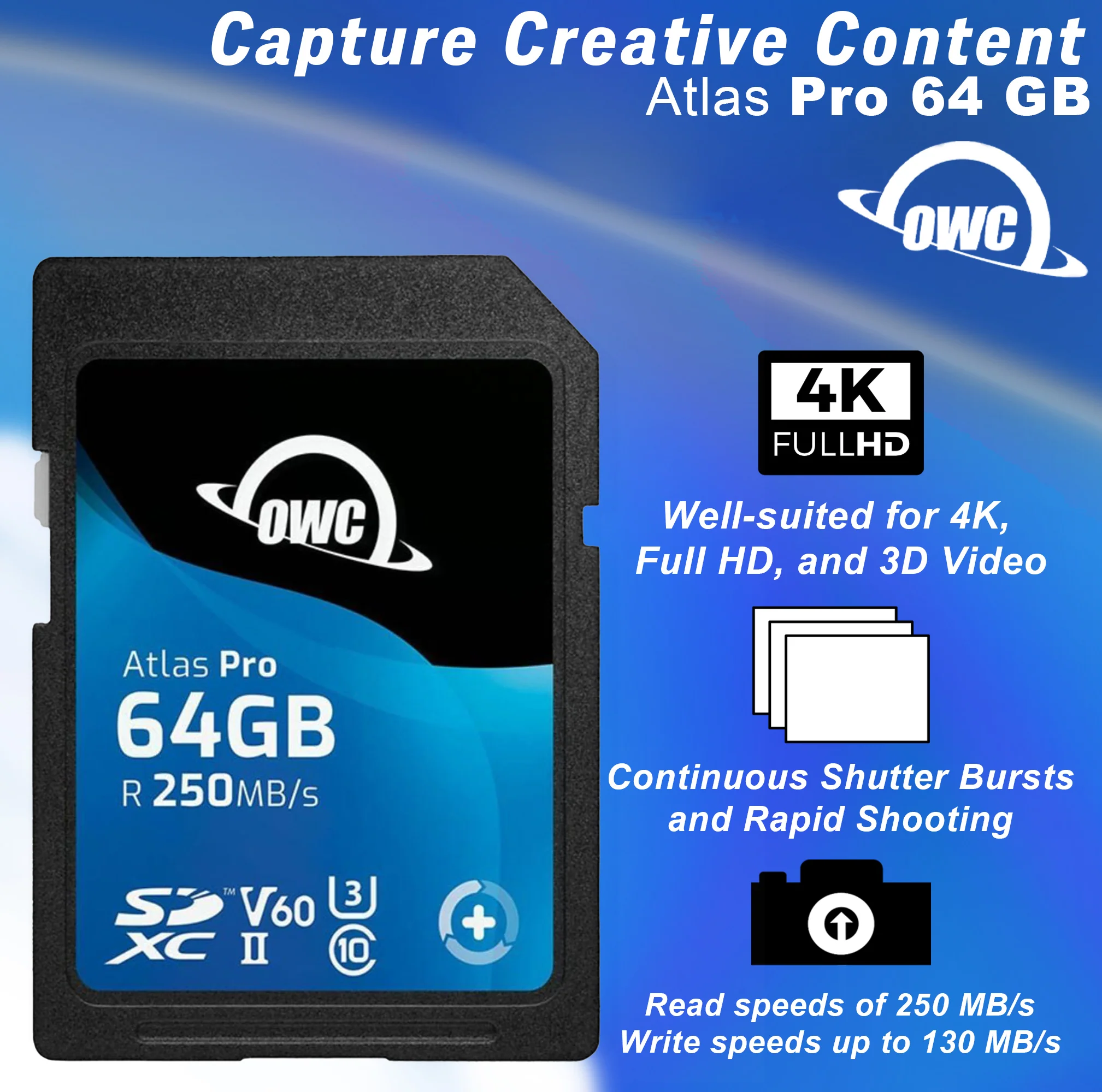 OWC 64GB Atlas Pro SDXC V60 UHS-II Memory Card for Advanced DSLR and Mirrorless Functions - Image 2