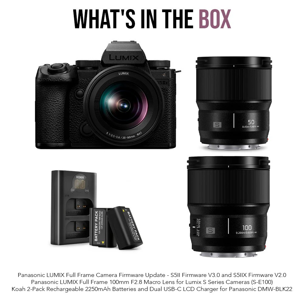 Panasonic DC-S5M2X with S-R2060 (20-60mm) , S-S50 (50mm), and S-E100 (100mm) Lenses Bundle - Image 2