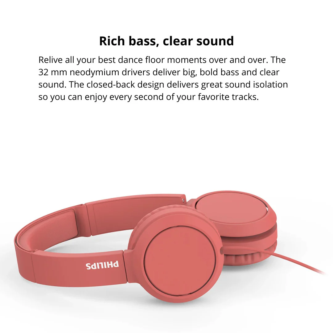 Philips 3000 Series TAH4105RD00 On-Ear Closed-Back Headphones with 32mm Drivers (Red) Bundle - Image 3