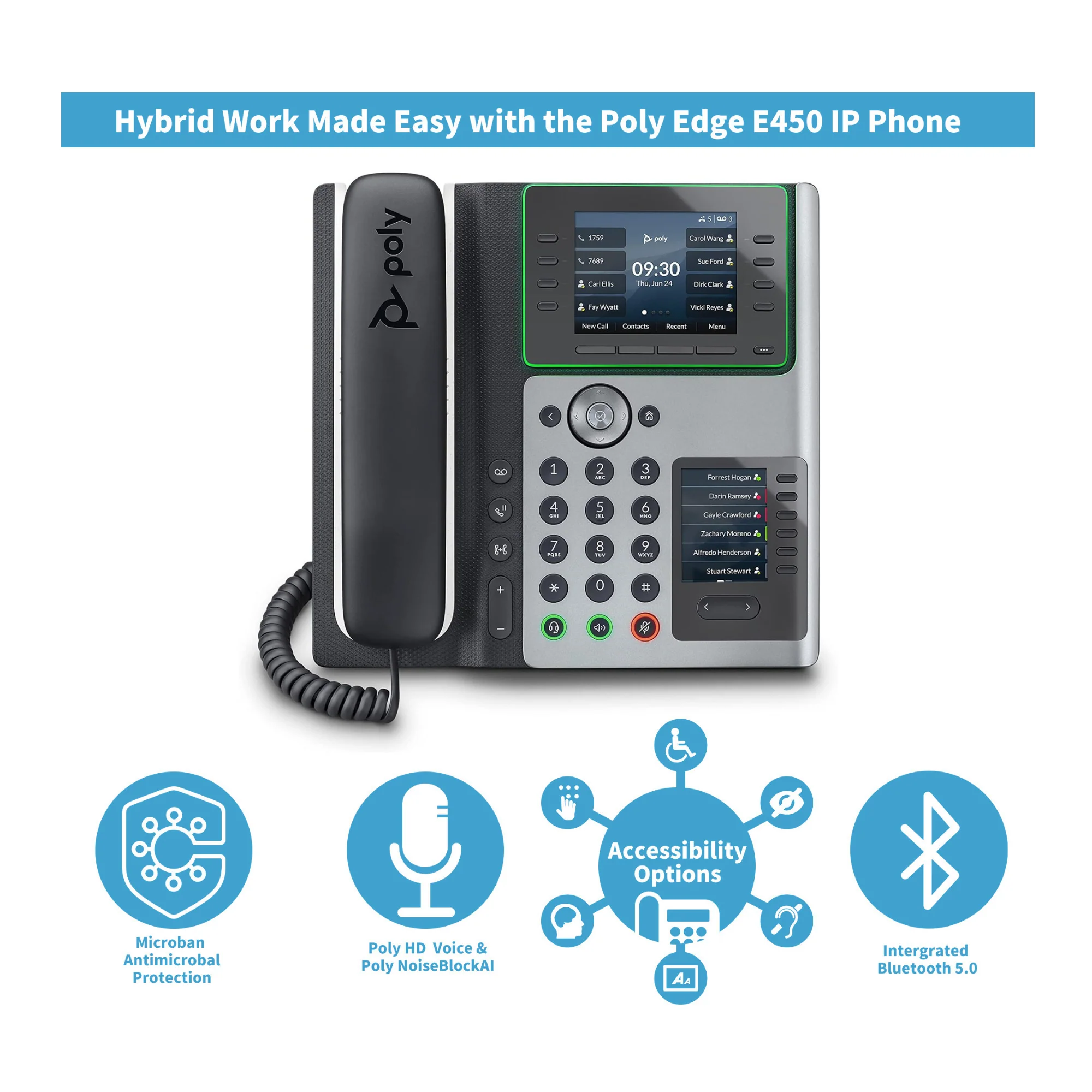Poly Edge E450 IP Desk Phone with Wi-Fi Bluetooth and 8-Line Keys (6 Pack) - Image 2