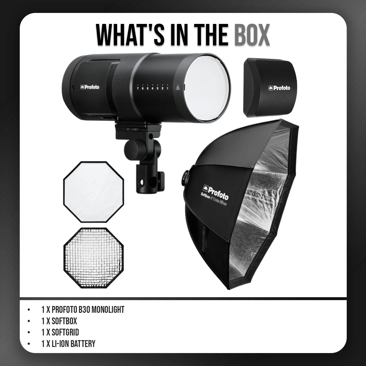 Profoto B30 Monolight Bundle with Softbox, Softgrid and Battery - Image 7
