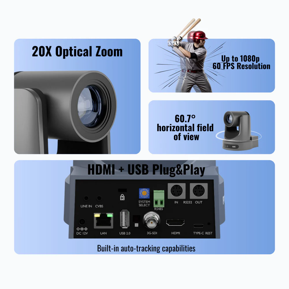 PTZOptics Move SE 20x 1080p Full HD Advanced PTZ Auto-Tracking Pan Tilt Zoom Camera (Gray) Bundle - Image 2