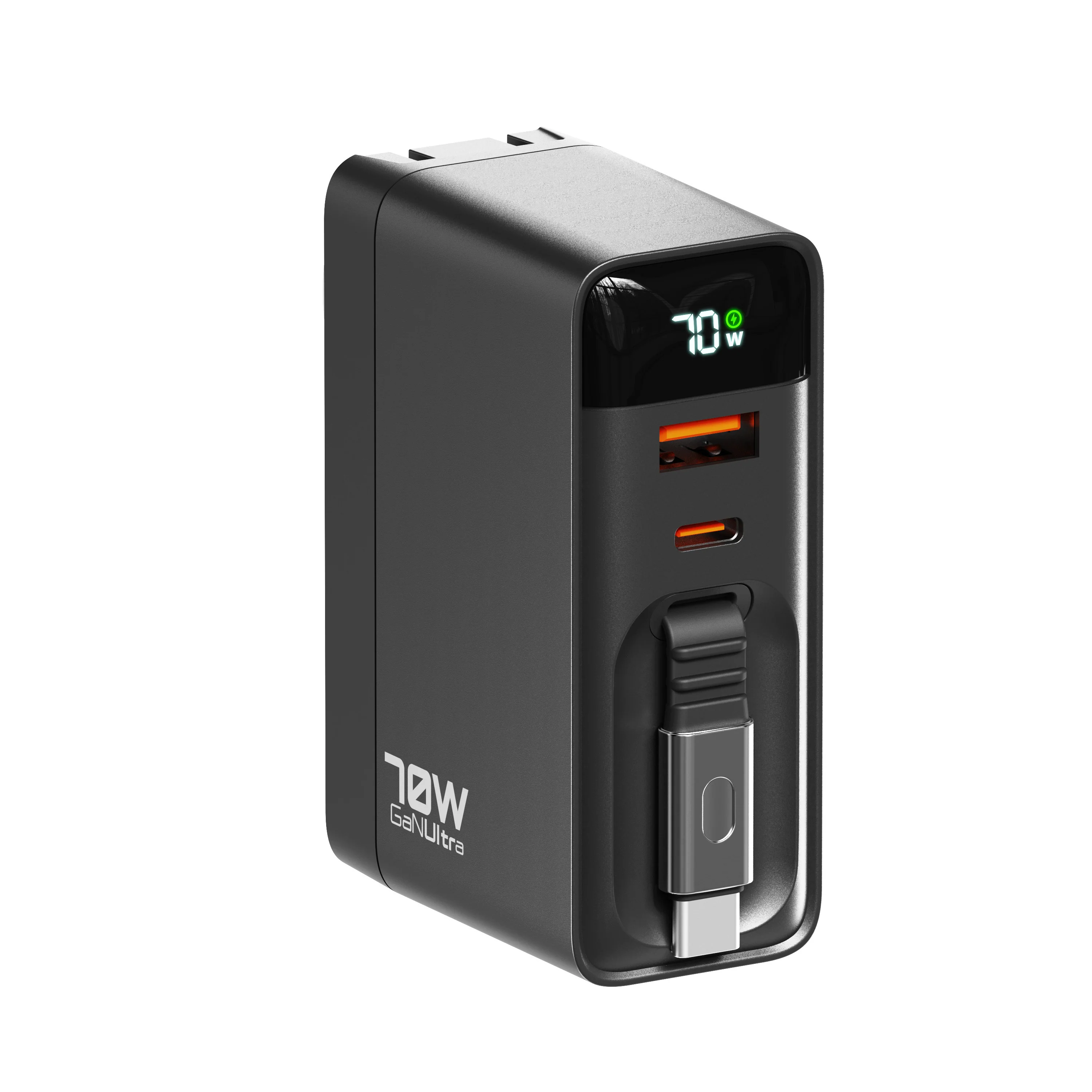 ReelCharge 70W Wall Charger with Retractable USB-C (Black) - Image 3