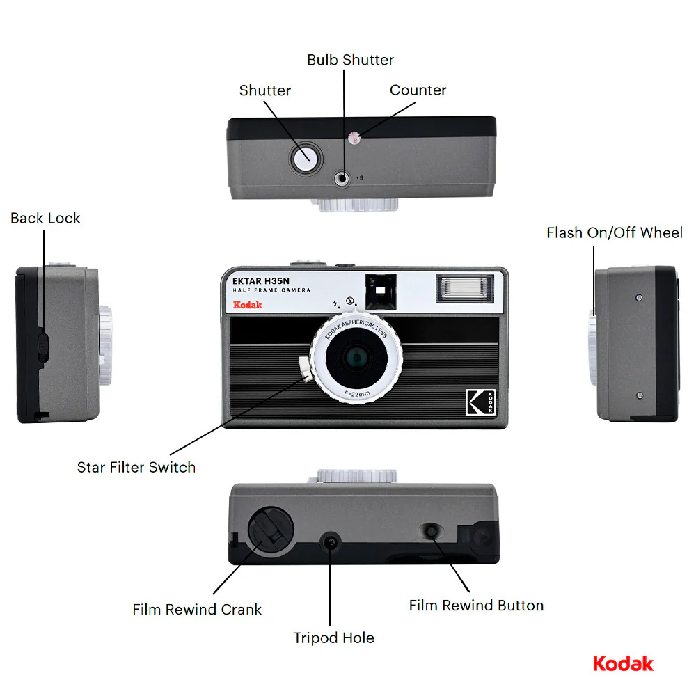 Kodak Ektar H35N 35mm Half Frame Film Camera with Star Filter and Tripod Support (Striped Black) - Image 6