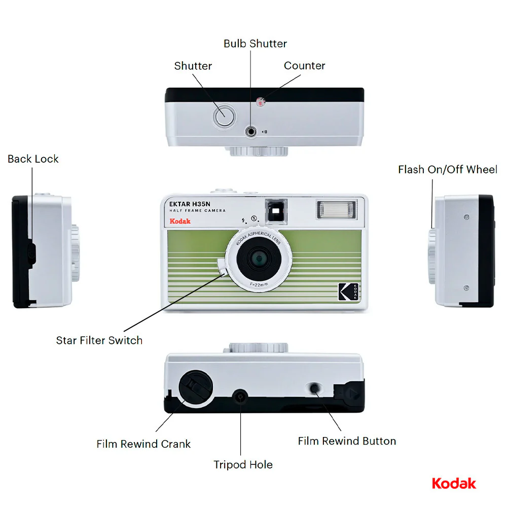 Kodak Ektar H35N 35mm Half Frame Film Camera (Striped Green) with 35mm Roll Film Bundle - Image 6
