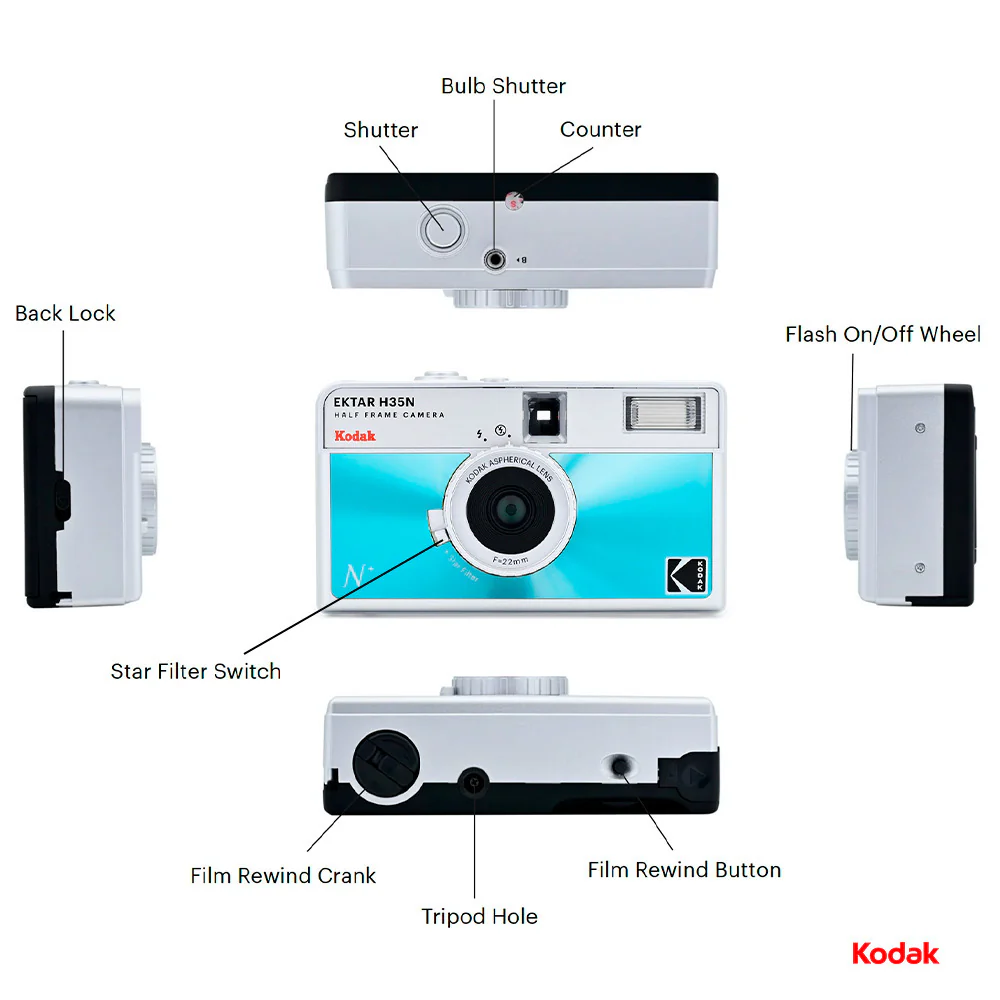 Kodak Ektar H35N 35mm Half Frame Film Camera with Star Filter and Tripod Support (Glazed Blue) - Image 6