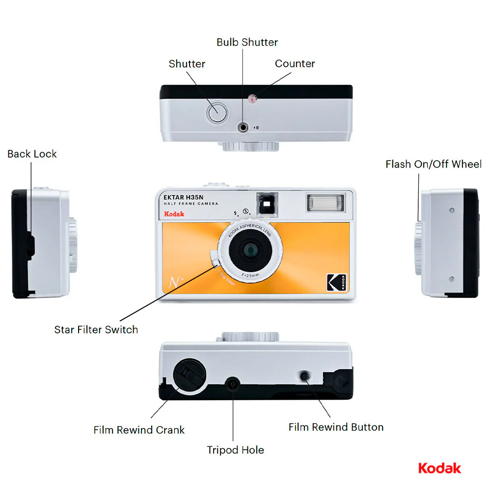 Kodak Ektar H35N 35mm Half Frame Film Camera with Star Filter (Glazed Orange) with Film Roll Bundle - Image 6
