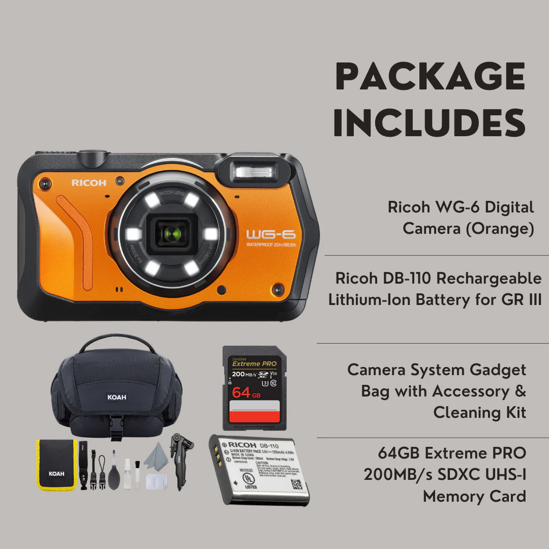 Ricoh WG-6 Digital Camera (Orange) with Extra Battery, 64 GB Memory Card, and Accessory Kit - Image 7