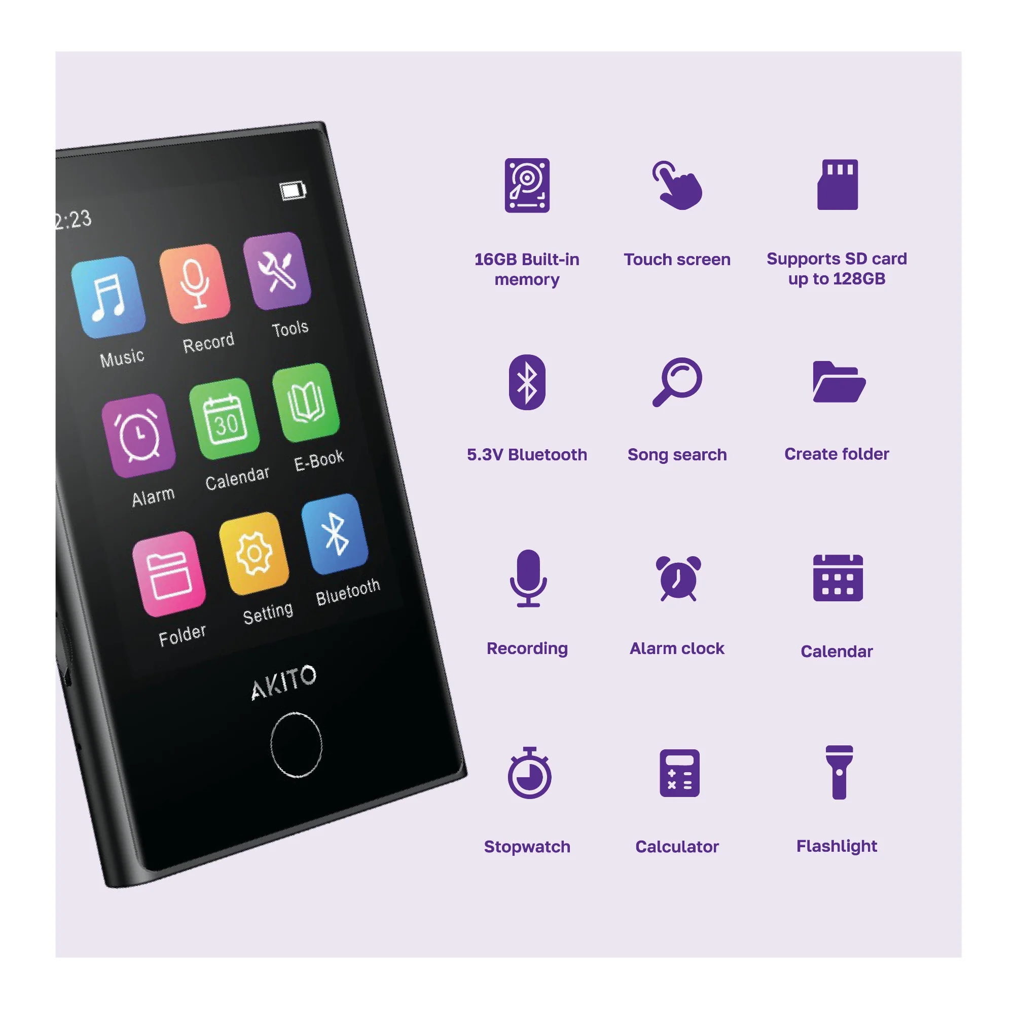 Akito X-POD Smart Bluetooth MP3 Player with Wireless Earbuds and Charging Case - Image 6