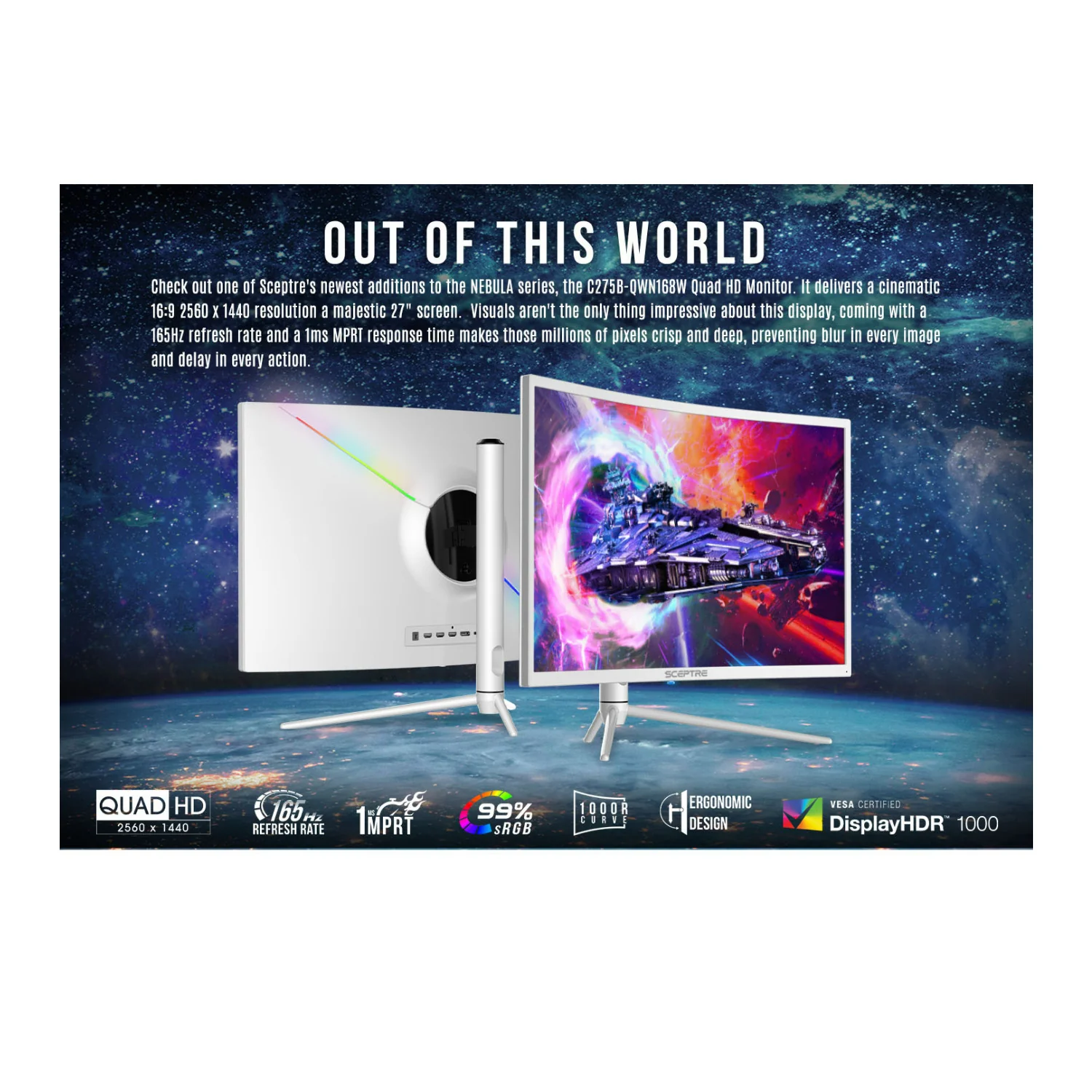 Sceptre 27-Inch Curved Nebula Series 16:9 2560x1440 165Hz Refresh Rate Gaming Monitor (White) - Image 7