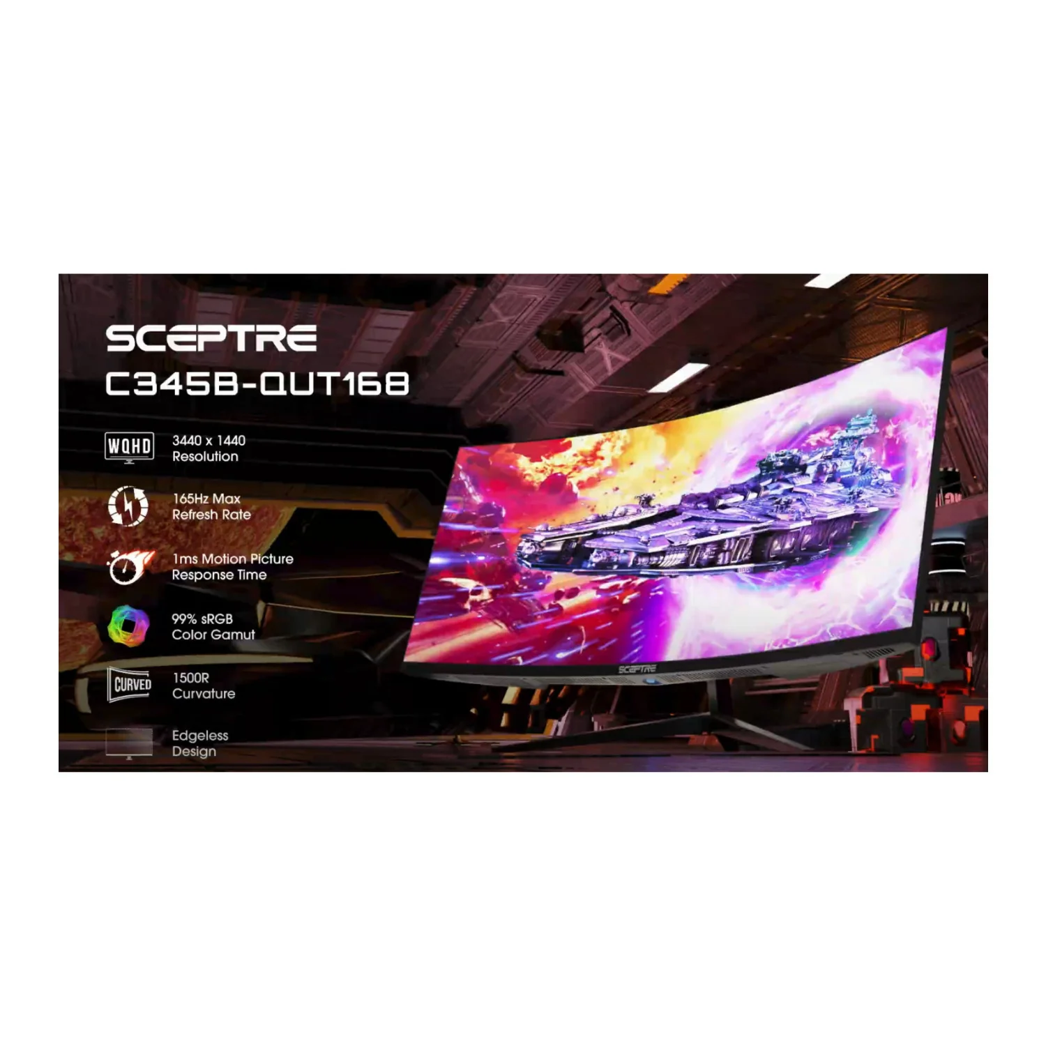 Sceptre C345B-QUT168 34-Inch Ultrawide Curved QHD 165Hz Gaming Monitor with 1500R Curvature (Black) - Image 6