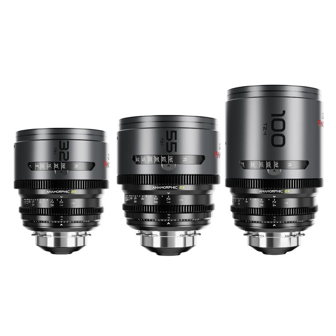 DZOFilm Pavo 2x Anamorphic T2.1 and T2.4 3-Lens Set with Neutral Coating (Space Gray and Black)