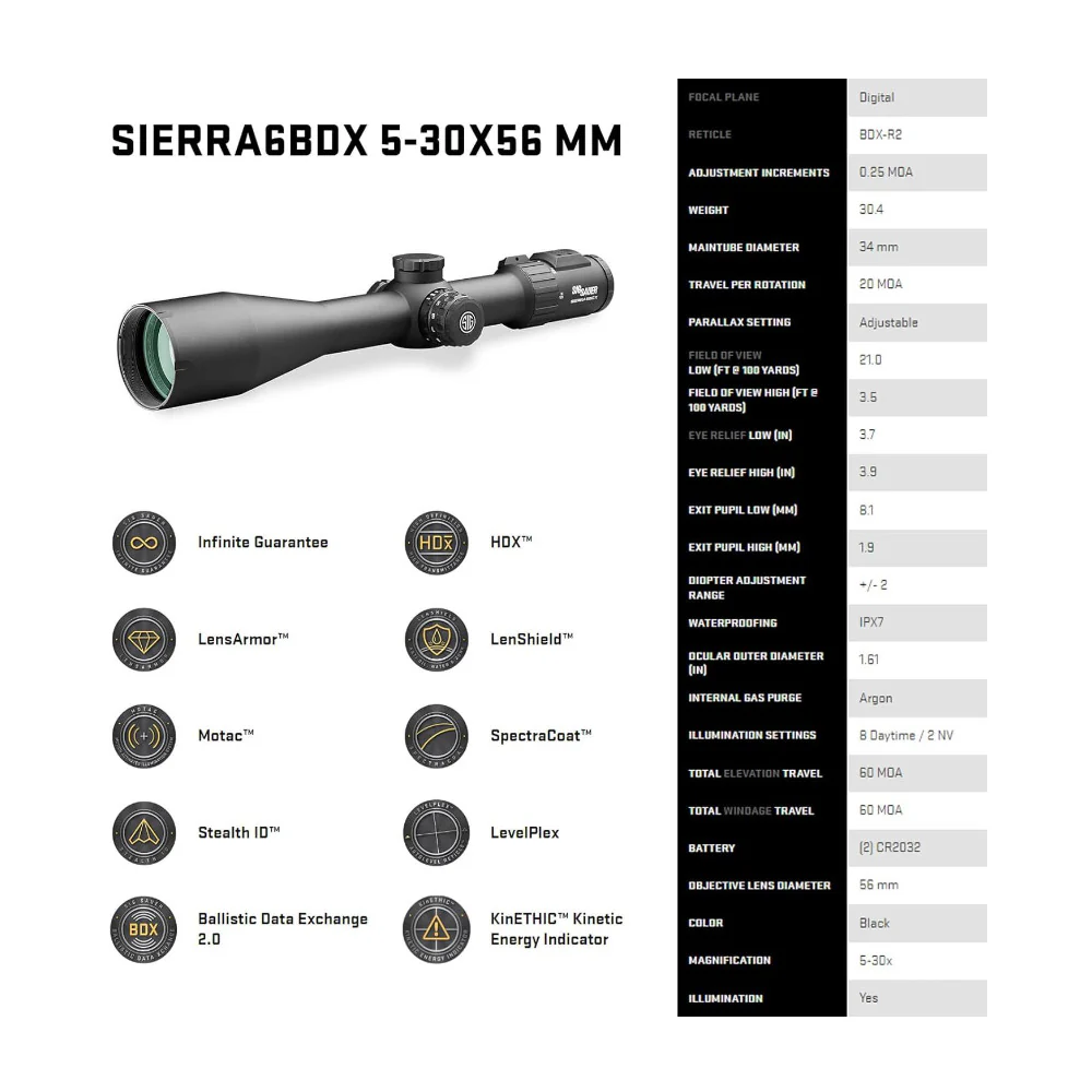 SIG SAUER SIERRA6BDX 5-30x56mm 34mm Riflescope with BDX 2.0 Technology (Black) - Image 4