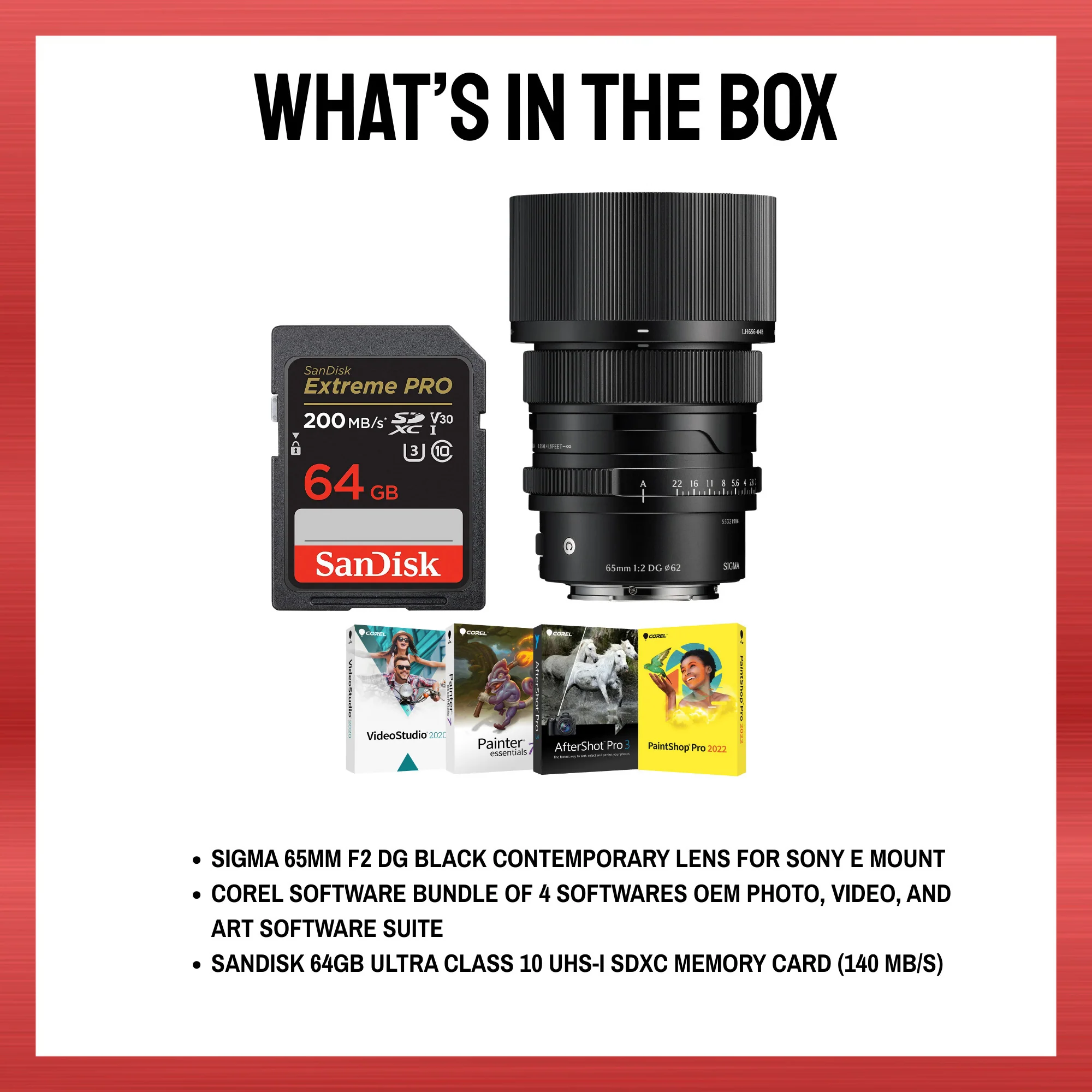 Sigma 65mm F2 DG Black Lens for Sony E Mount, Software, 64GB Memory Kit - Image 6