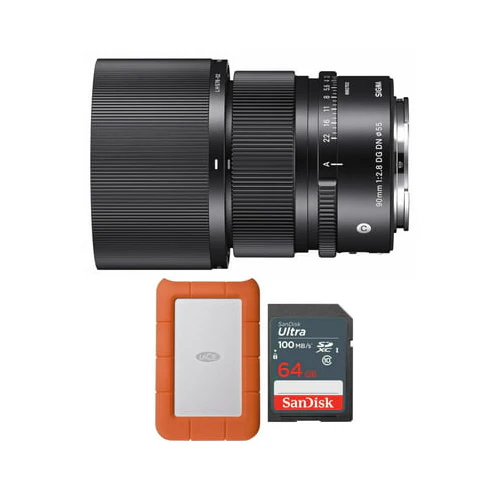 Sigma 90mm F2.8 DG DN Contemporary Lens for Sony E-Mount with 1 TB Hard Drive and Memory Card