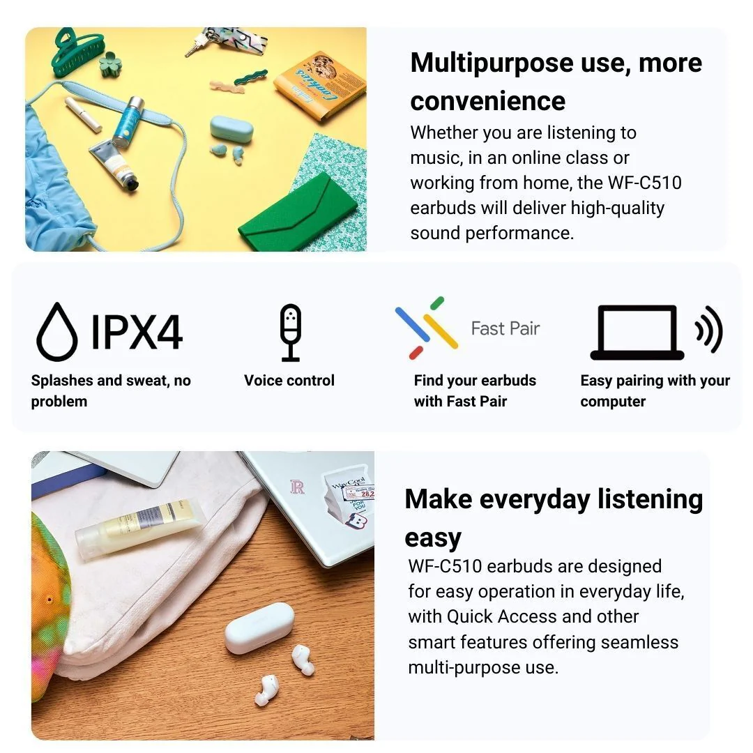 Sony WF-C510 Lightweight Truly Wireless Earbuds (Yellow) with Earbud Replacement Tips Bundle - Image 4